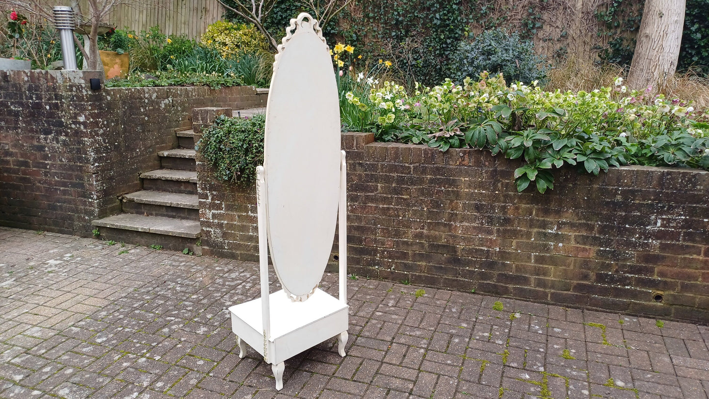 Huge Vintage Retro 70s Painted Cheval Mirror with Drawer Gold Highlights Nearly 6 ft.