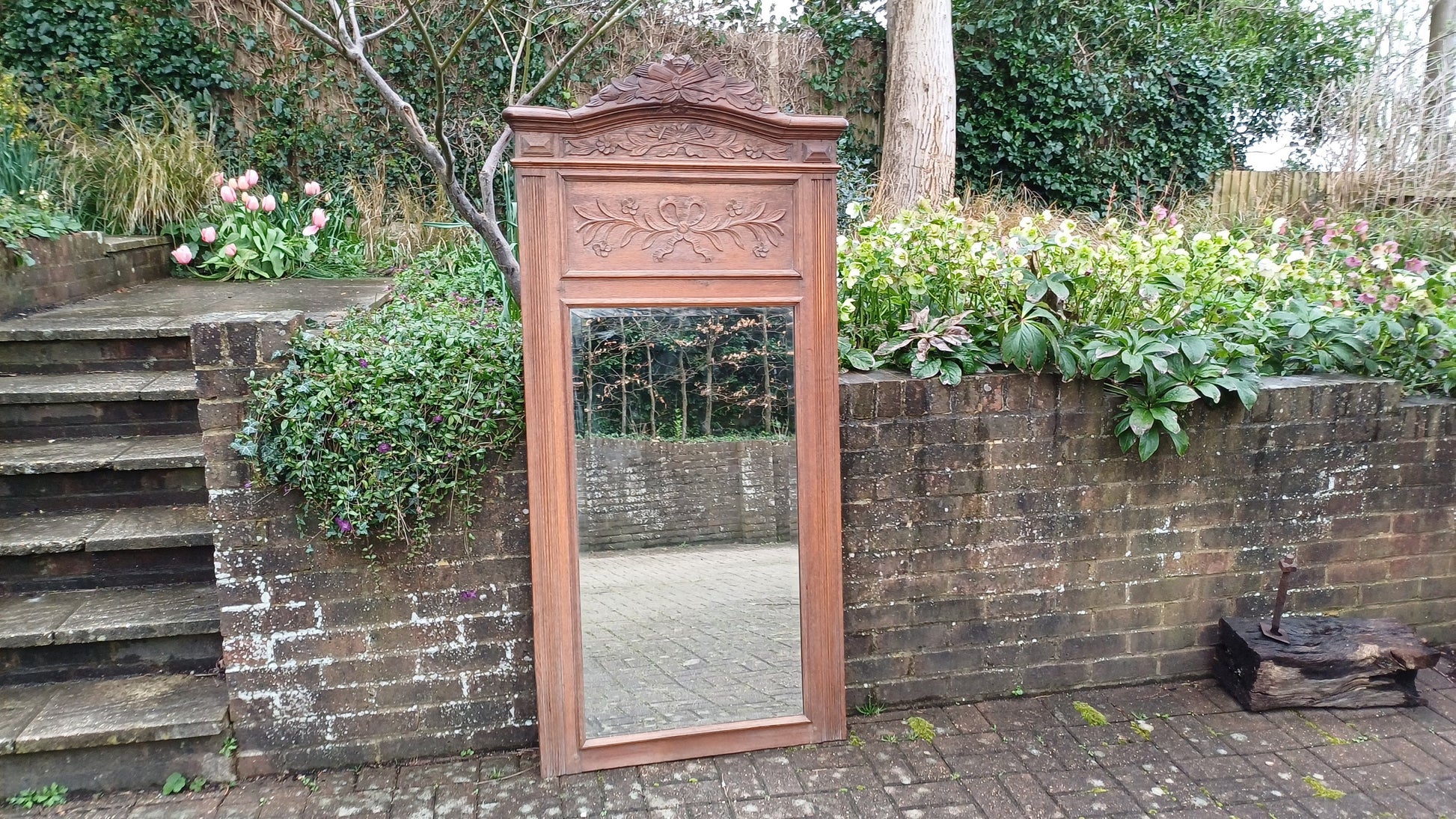 Huge Decorative Solid Oak French Wall Mirror Bevelled Glass 6 ft
