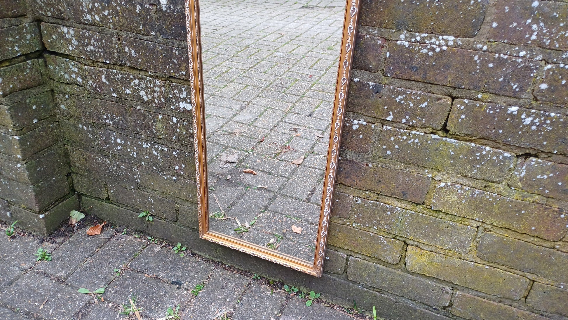Lovely Bespoke Long Vintage 70s Gold Gilt Wall Mirror. Upcycled White and Gold Finish.