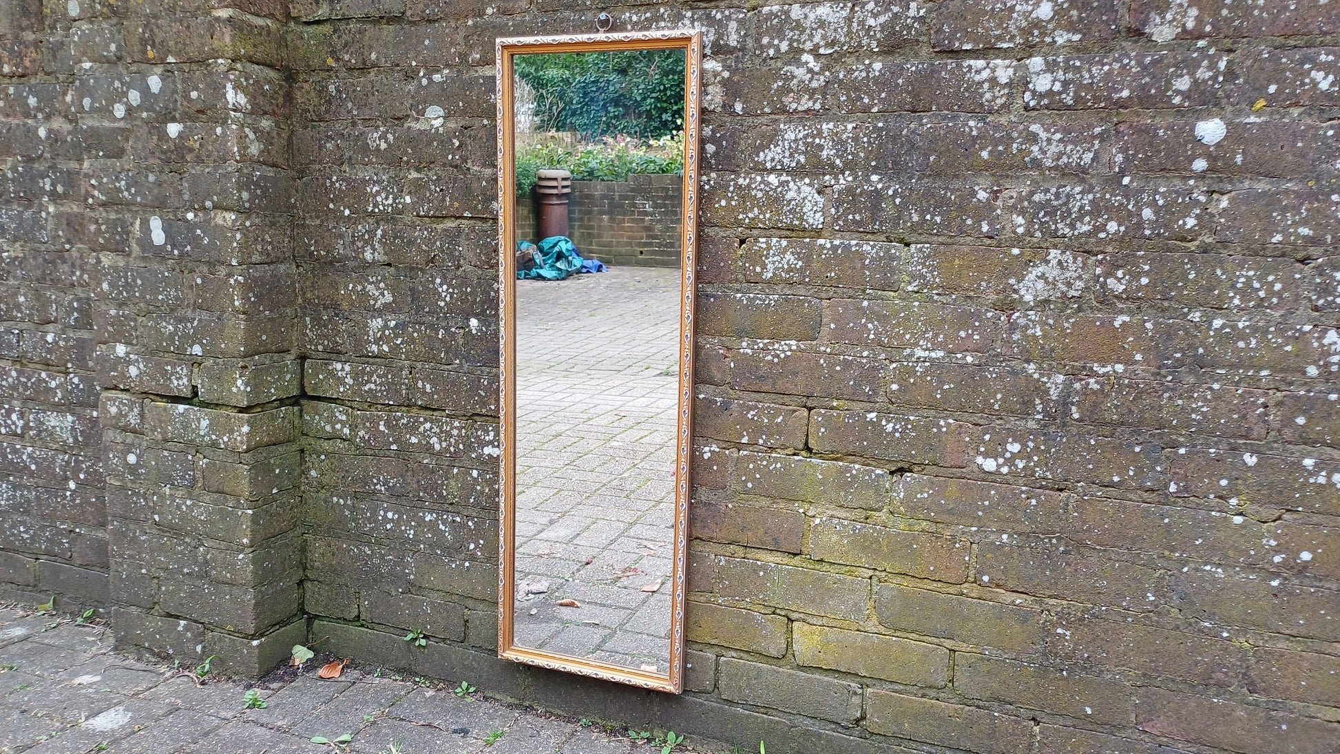 Lovely Bespoke Long Vintage 70s Gold Gilt Wall Mirror. Upcycled White and Gold Finish.