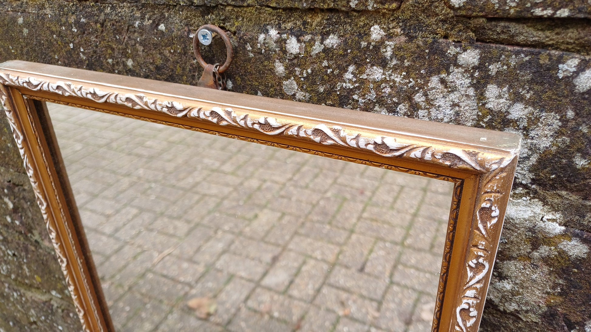 Lovely Bespoke Long Vintage 70s Gold Gilt Wall Mirror. Upcycled White and Gold Finish.