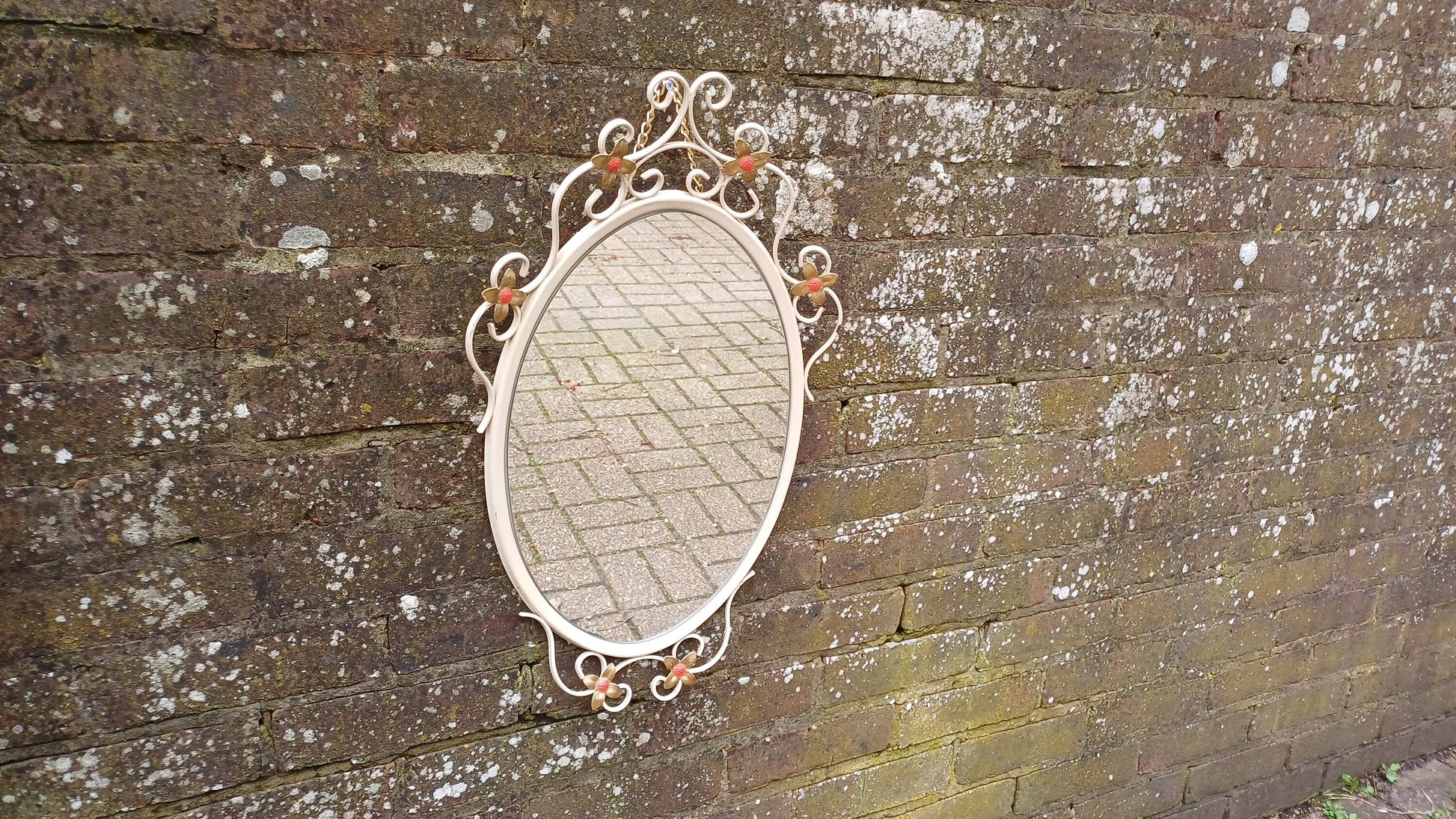 Large Vintage Retro 70s Oval White Metal Light Cream Enamel Oval Mirror with Floral Decoration.