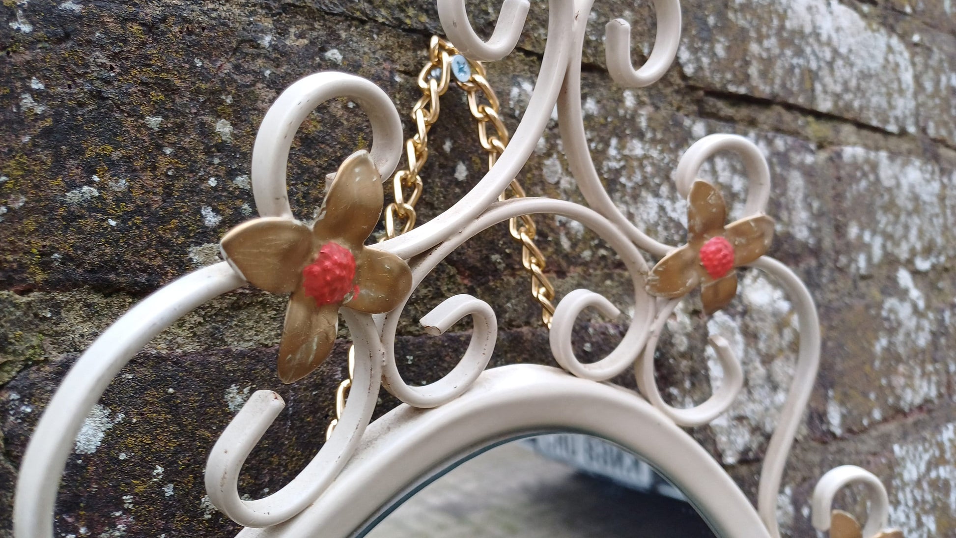 Large Vintage Retro 70s Oval White Metal Light Cream Enamel Oval Mirror with Floral Decoration.