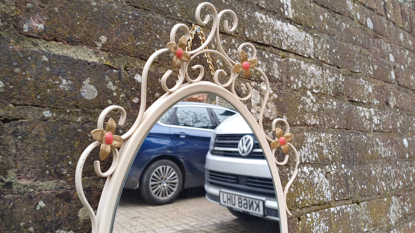 Large Vintage Retro 70s Oval White Metal Light Cream Enamel Oval Mirror with Floral Decoration.