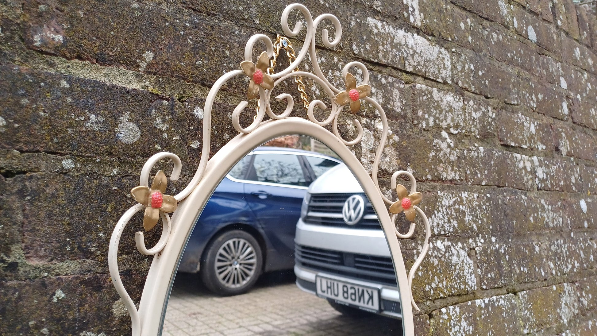 Large Vintage Retro 70s Oval White Metal Light Cream Enamel Oval Mirror with Floral Decoration.