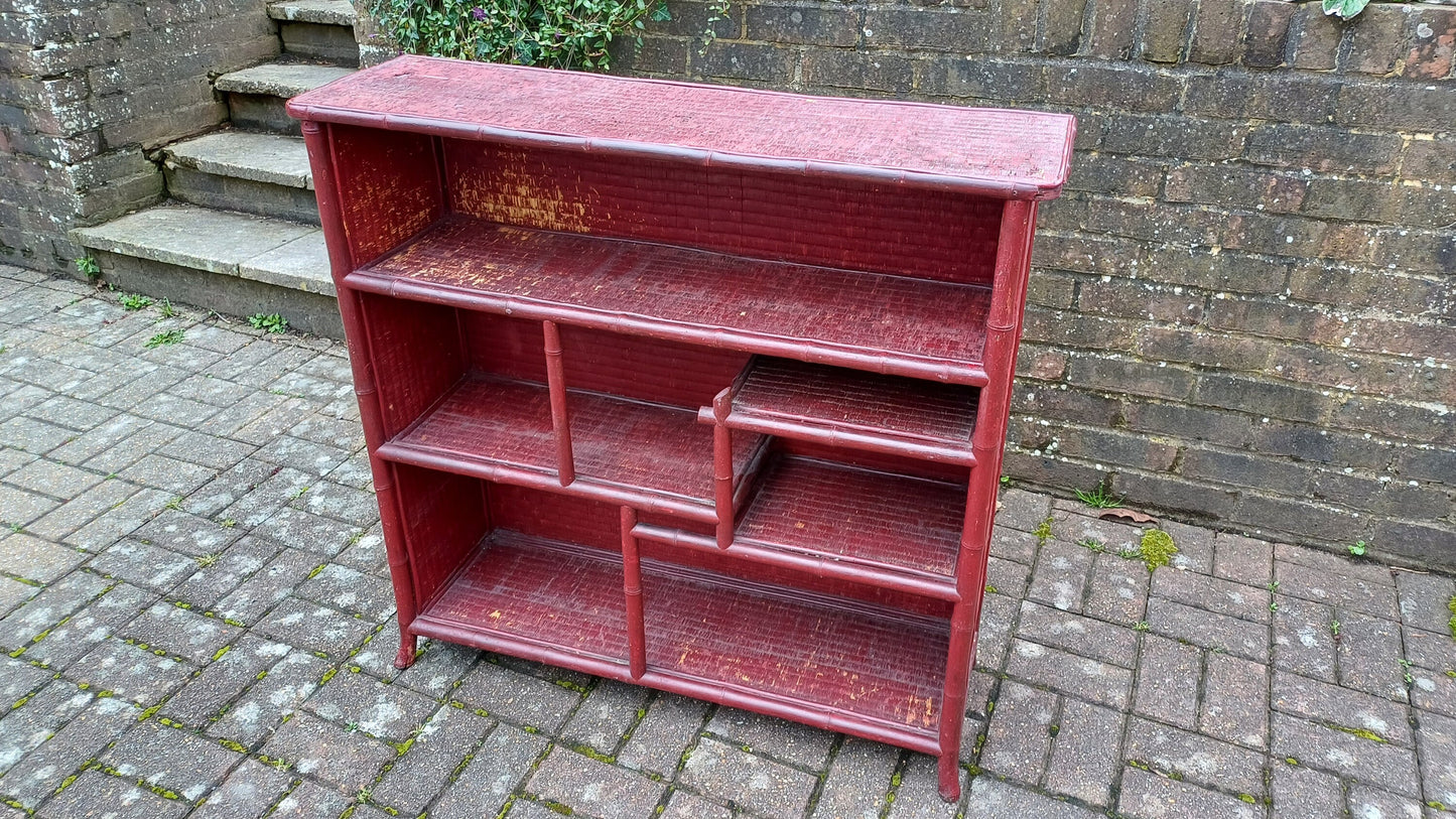 Large Vintage Wood Bamboo and Rattan Victorian Painted Bookcase Shelves Storage Full of Vintage Charm