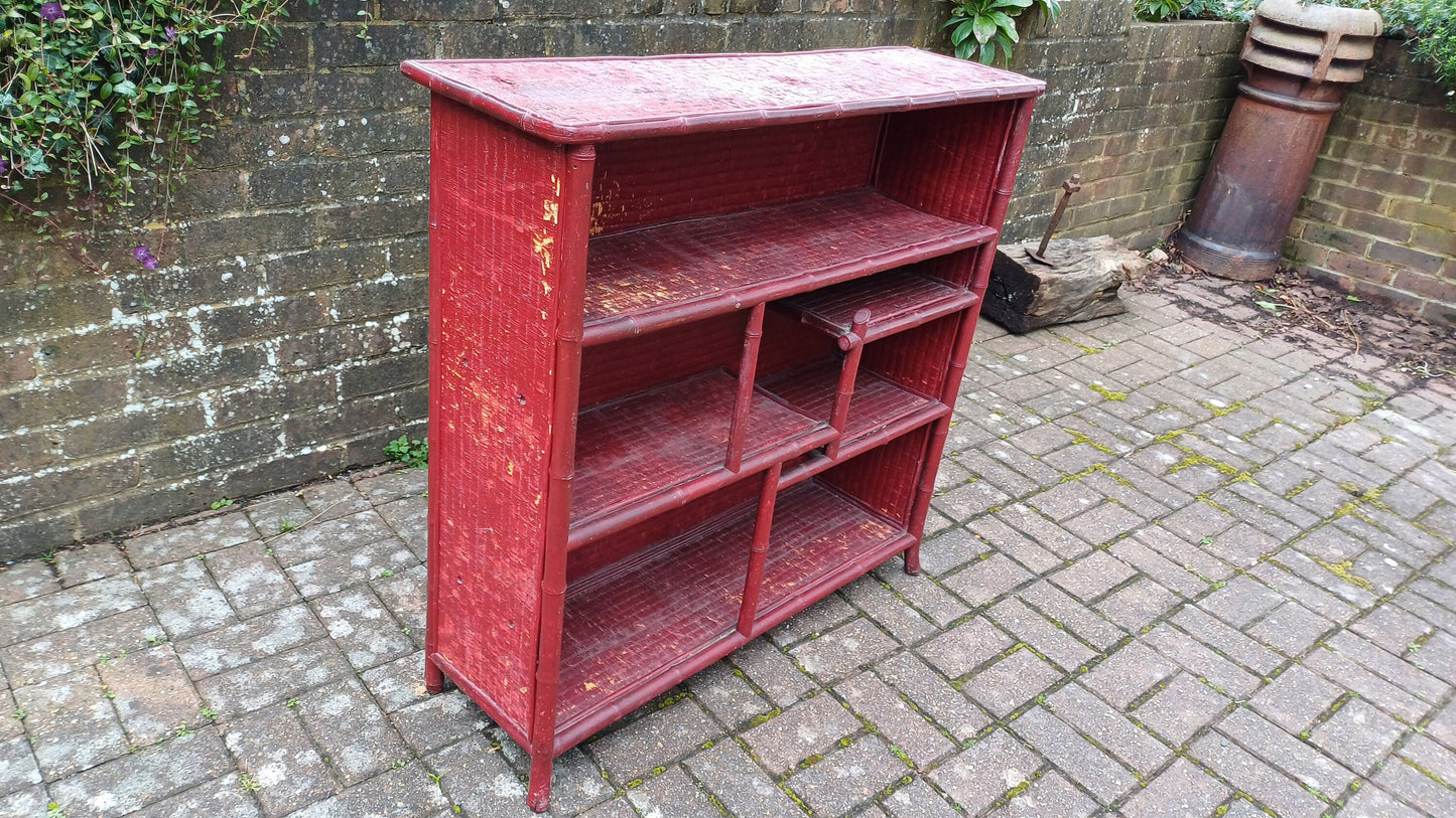 Large Vintage Wood Bamboo and Rattan Victorian Painted Bookcase Shelves Storage Full of Vintage Charm