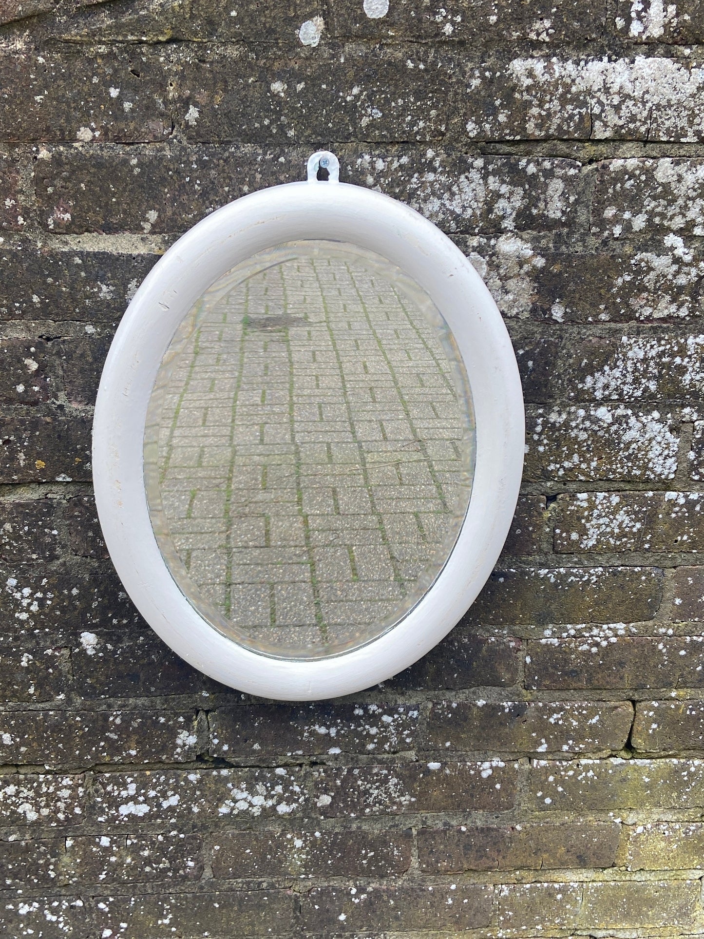 Medium vintage shabby chic oval mirror, bevelled glass, painted frame - heavy vintage, quality mirror, ready to hang
