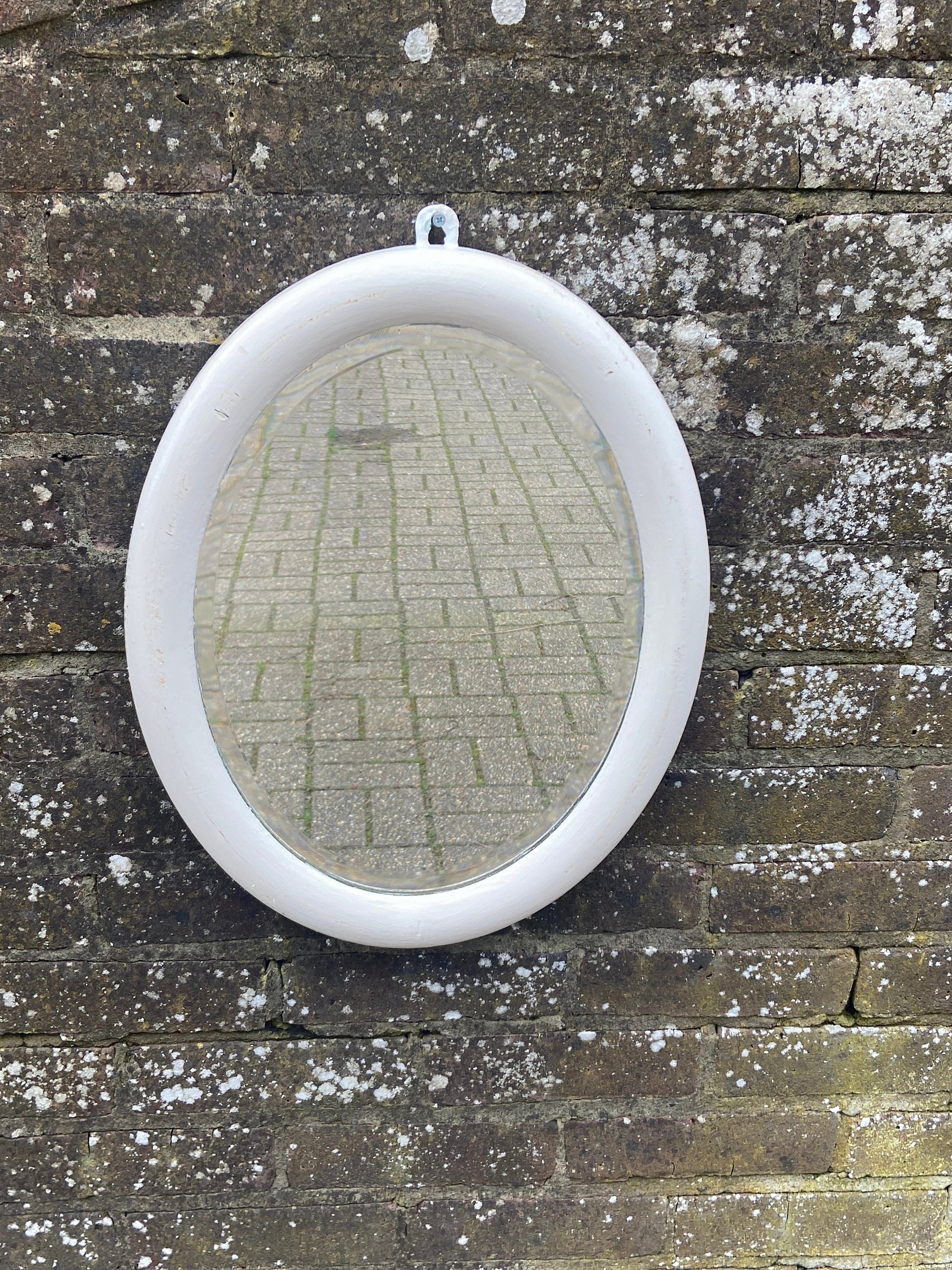 Medium vintage shabby chic oval mirror, bevelled glass, painted frame - heavy vintage, quality mirror, ready to hang