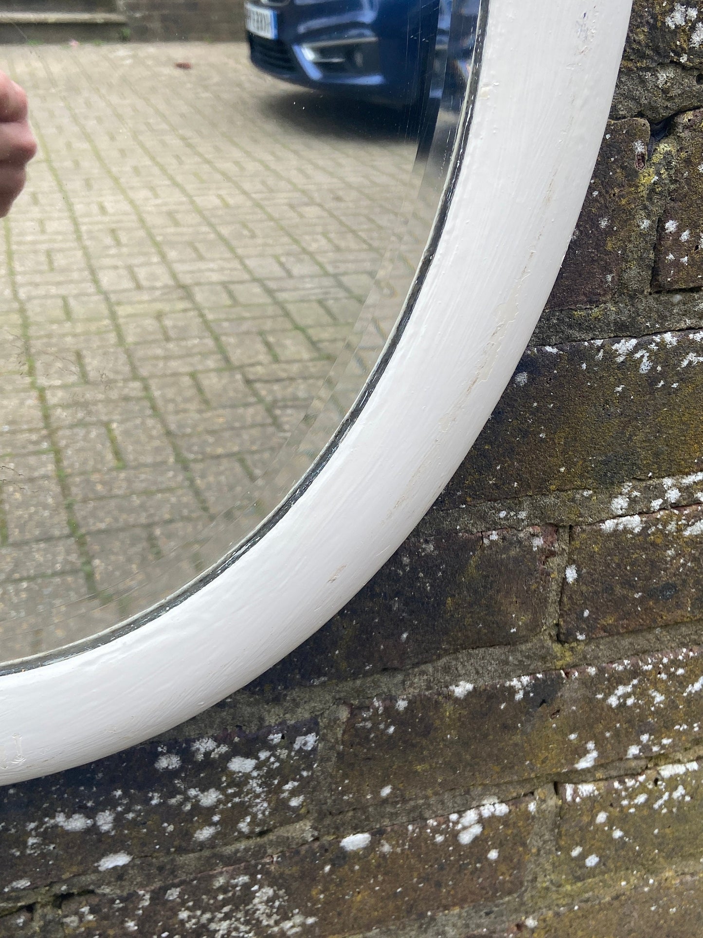 Medium vintage shabby chic oval mirror, bevelled glass, painted frame - heavy vintage, quality mirror, ready to hang