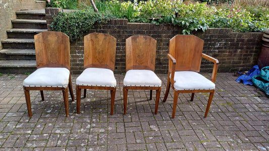 Superb Set of 4 Upholstered Walnut Art Deco Dining Kitchen Chairs