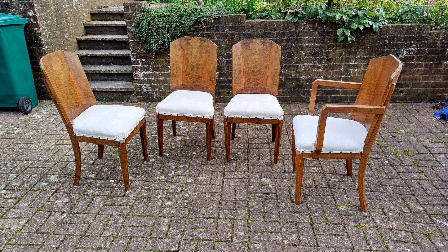 Superb Set of 4 Upholstered Walnut Art Deco Dining Kitchen Chairs