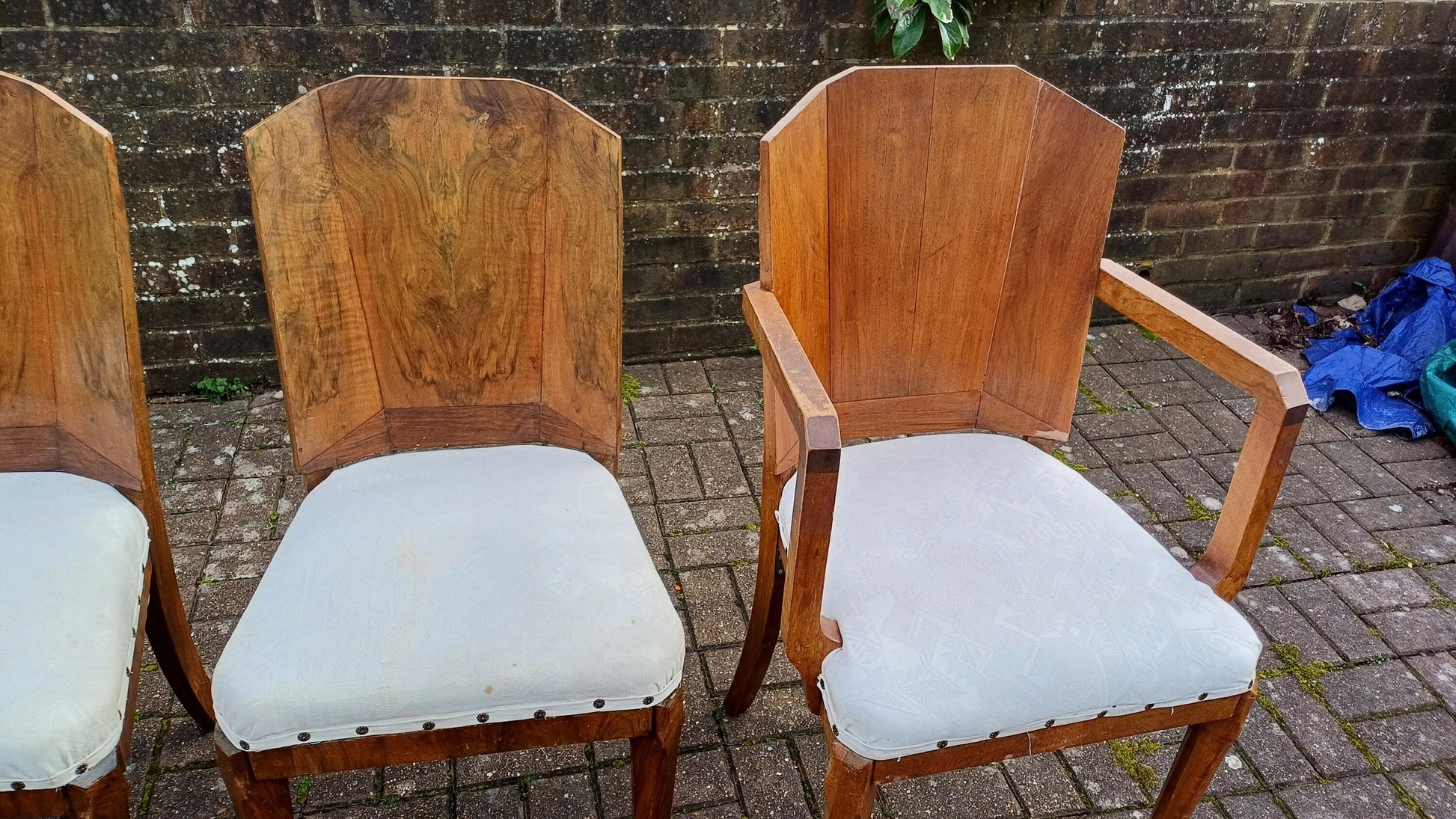 Superb Set of 4 Upholstered Walnut Art Deco Dining Kitchen Chairs