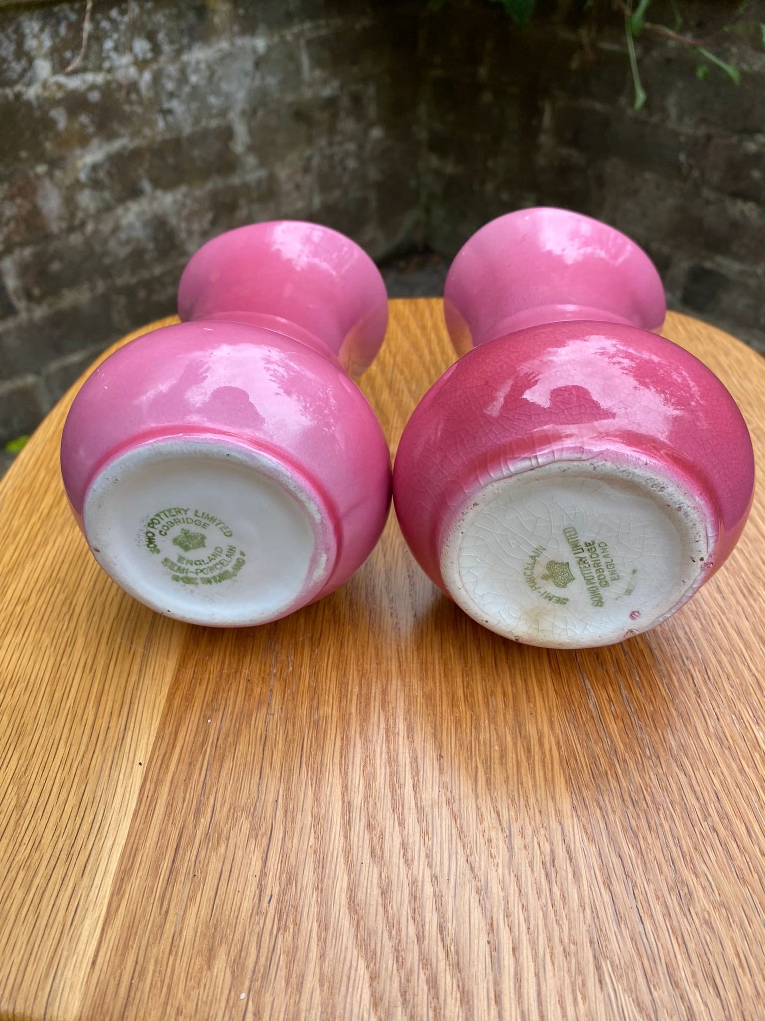 Pretty pink pair Soho Pottery Cobridge vintage vases - excellent condition
