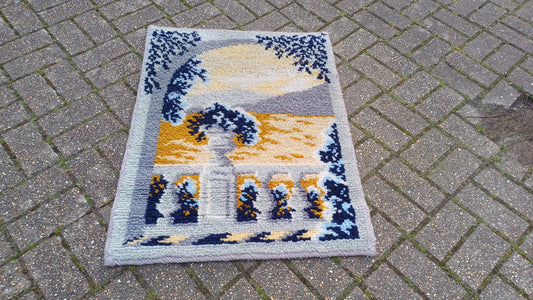 Vintage Hand Woven Wool Woollen Decorative Rug. Tapestry Look to It. Soft Touch. Vase Balustrade Landscape.