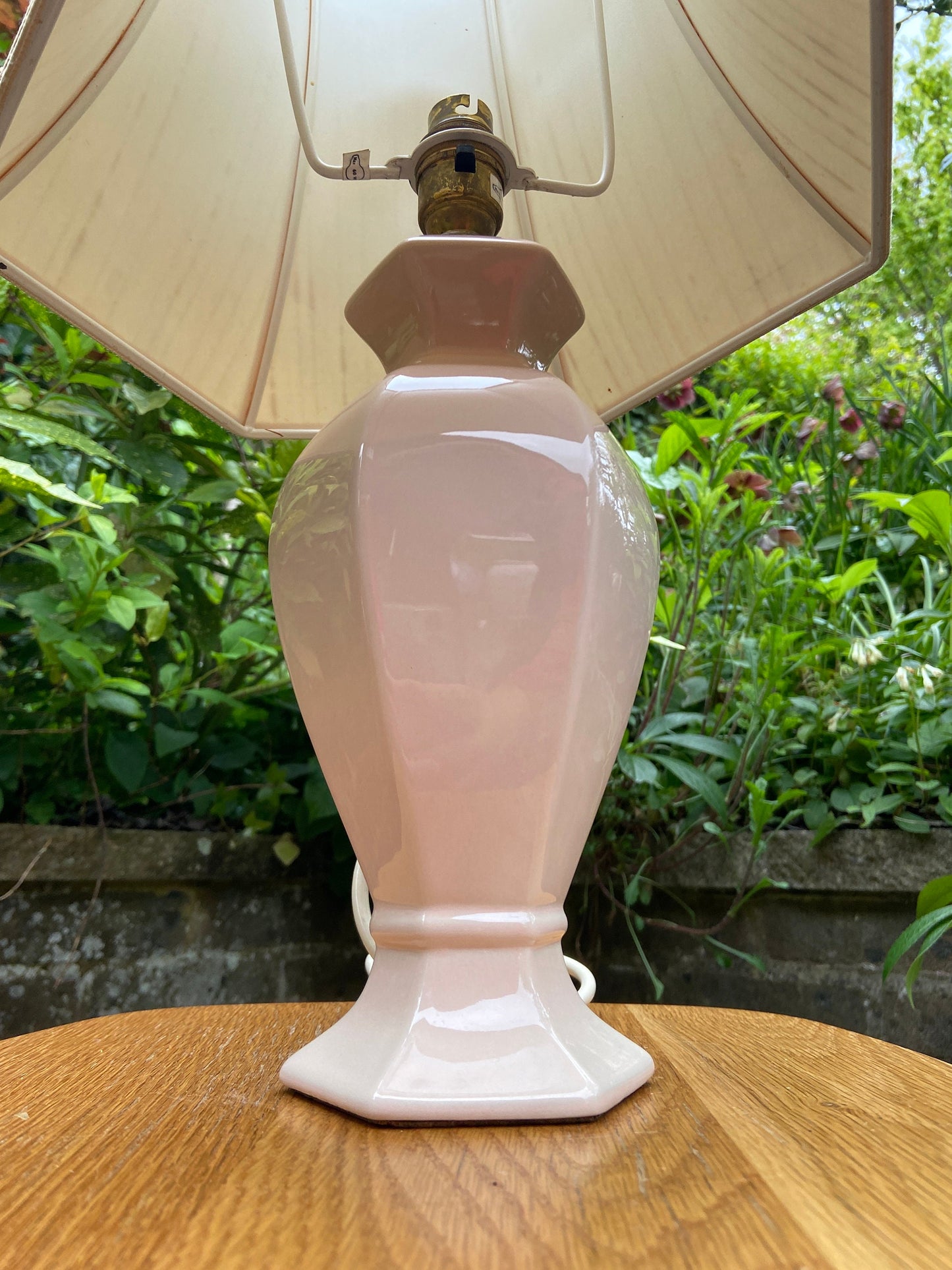 Vintage Baby Pink Pastel Pink St Michael’s ceramic glazed lamp base with vintage pink shade, table lamp, working vintage lamp