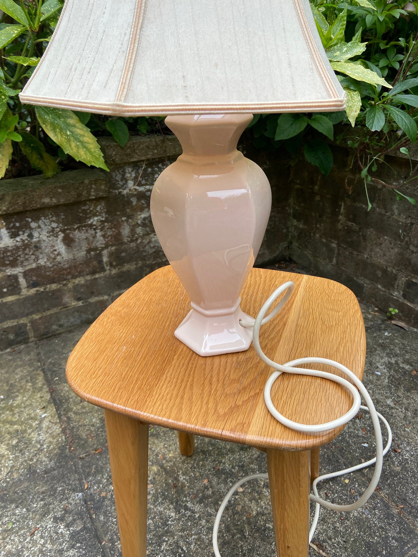 Vintage Baby Pink Pastel Pink St Michael’s ceramic glazed lamp base with vintage pink shade, table lamp, working vintage lamp