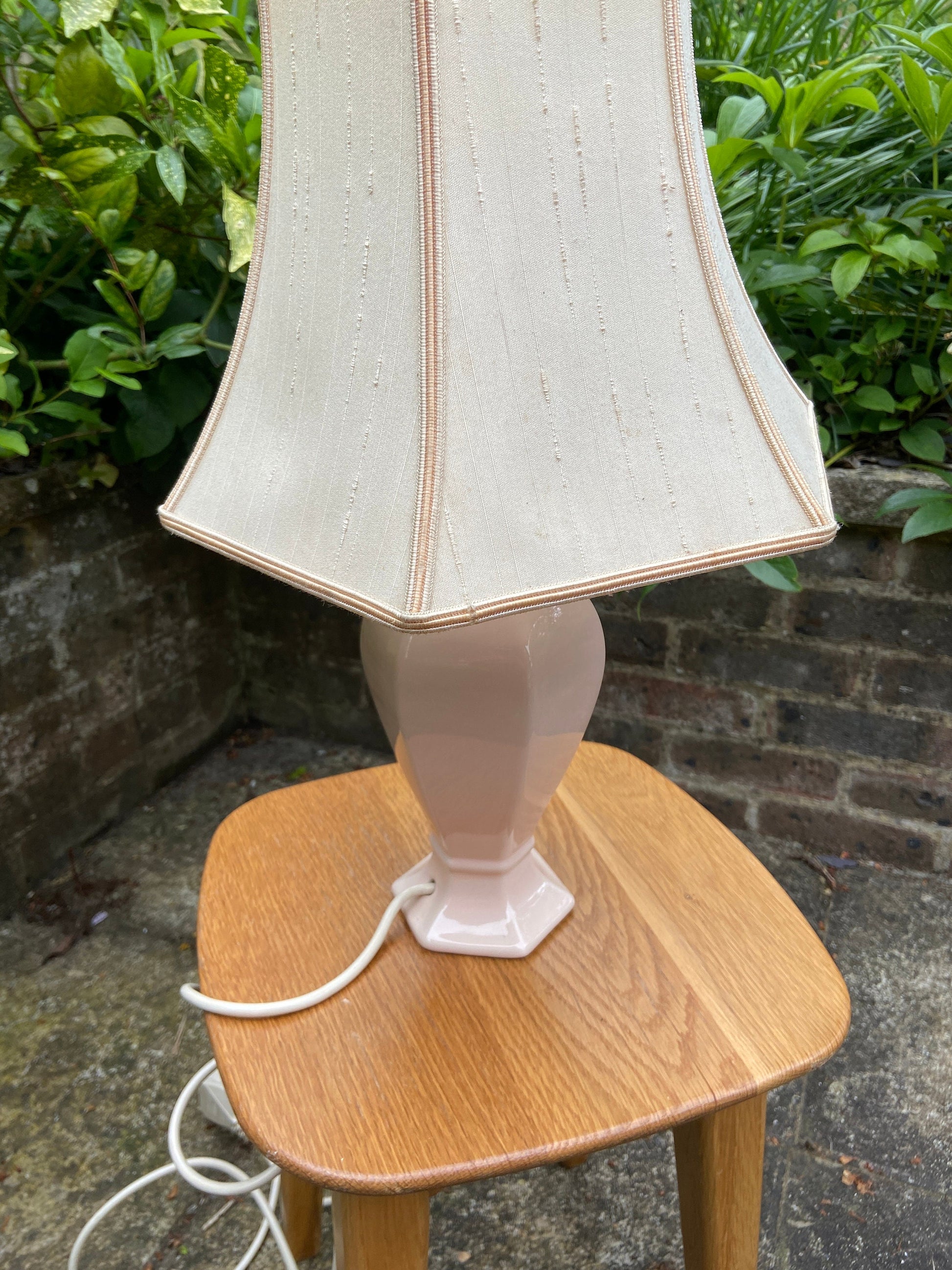 Vintage Baby Pink Pastel Pink St Michael’s ceramic glazed lamp base with vintage pink shade, table lamp, working vintage lamp