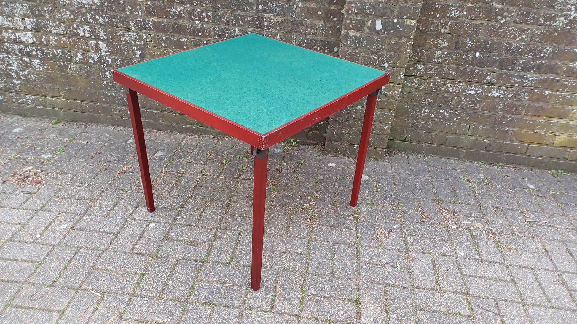 Vintage Wooden Card Jigsaw Games Table Fold-up Green Baize. Painted Red.