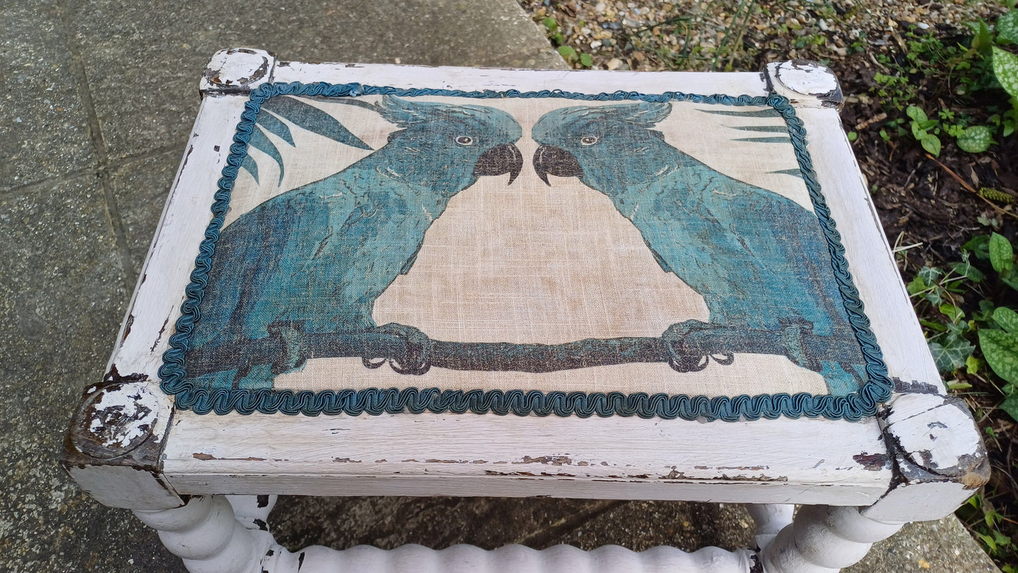 Vintage Painted Shabby Chic White Stool with Parrot Decoration Motif