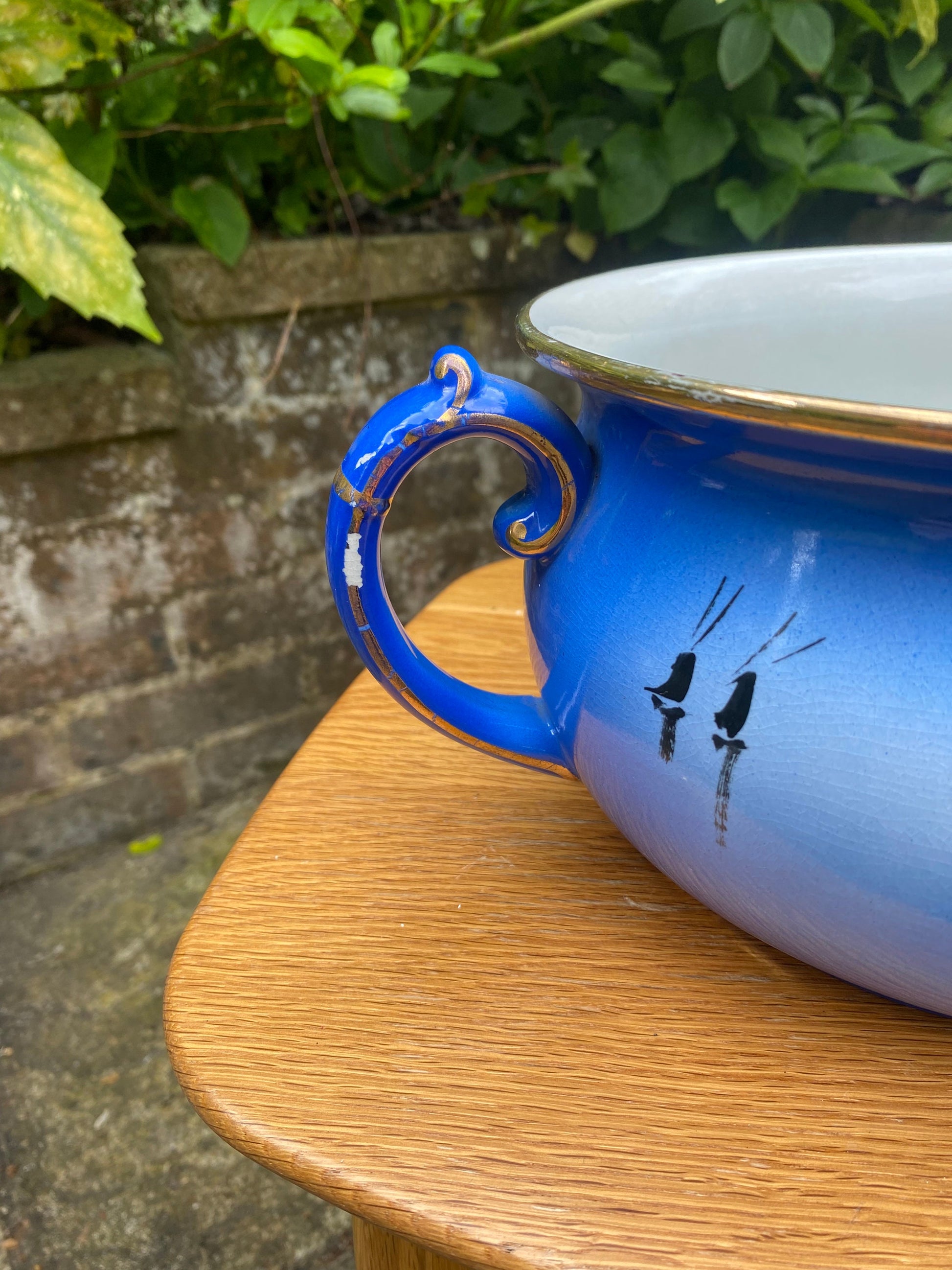 1920s vintage chamber pot, indoor planter, plant pot, Moonlight ware, Shaw & Copestake cobalt blue black gold oriental hand painted (2 of 2)