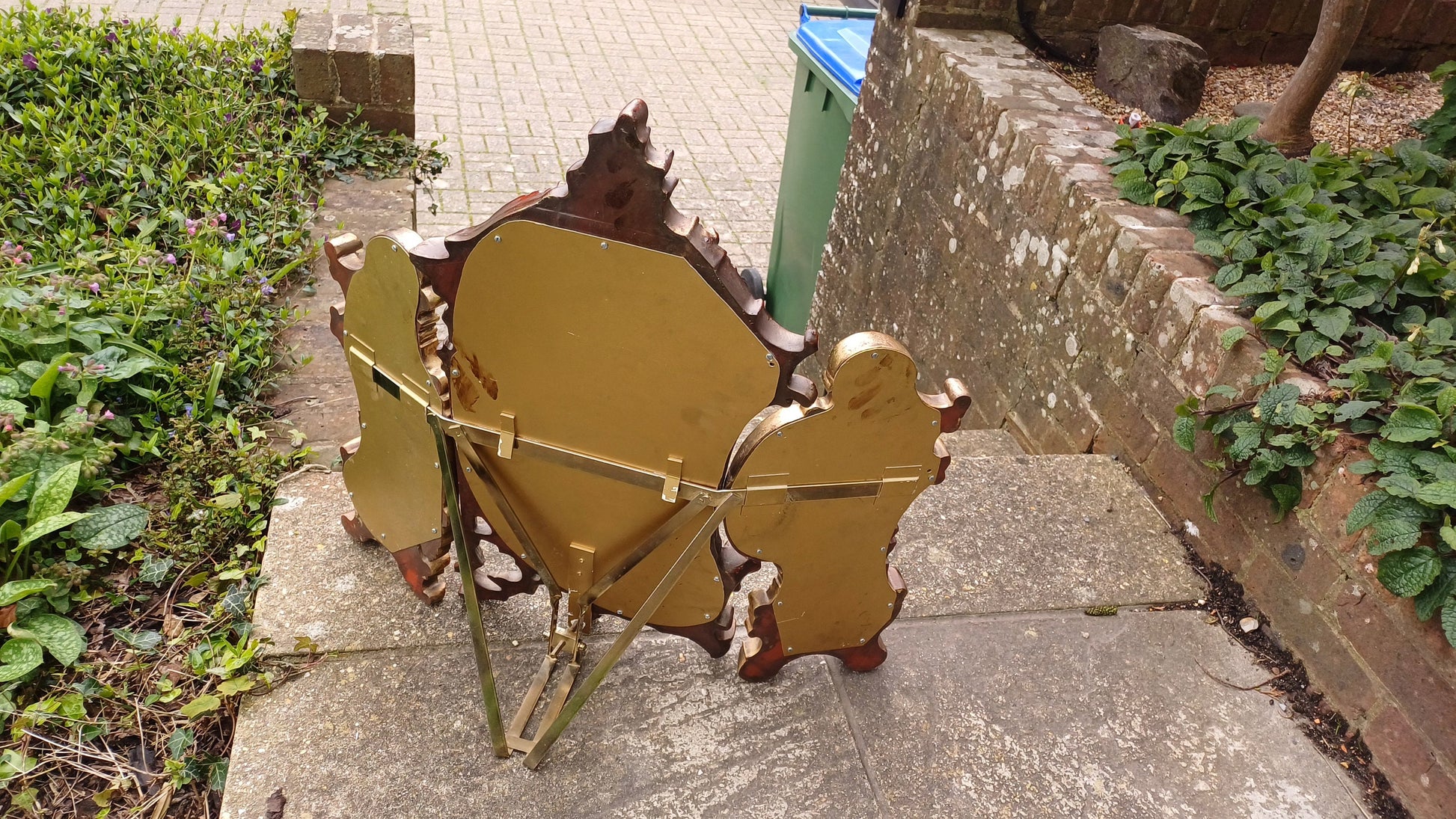 Vintage 80s Brass Metal Gold and Red Adjustable Dressing Table Triple Mirror