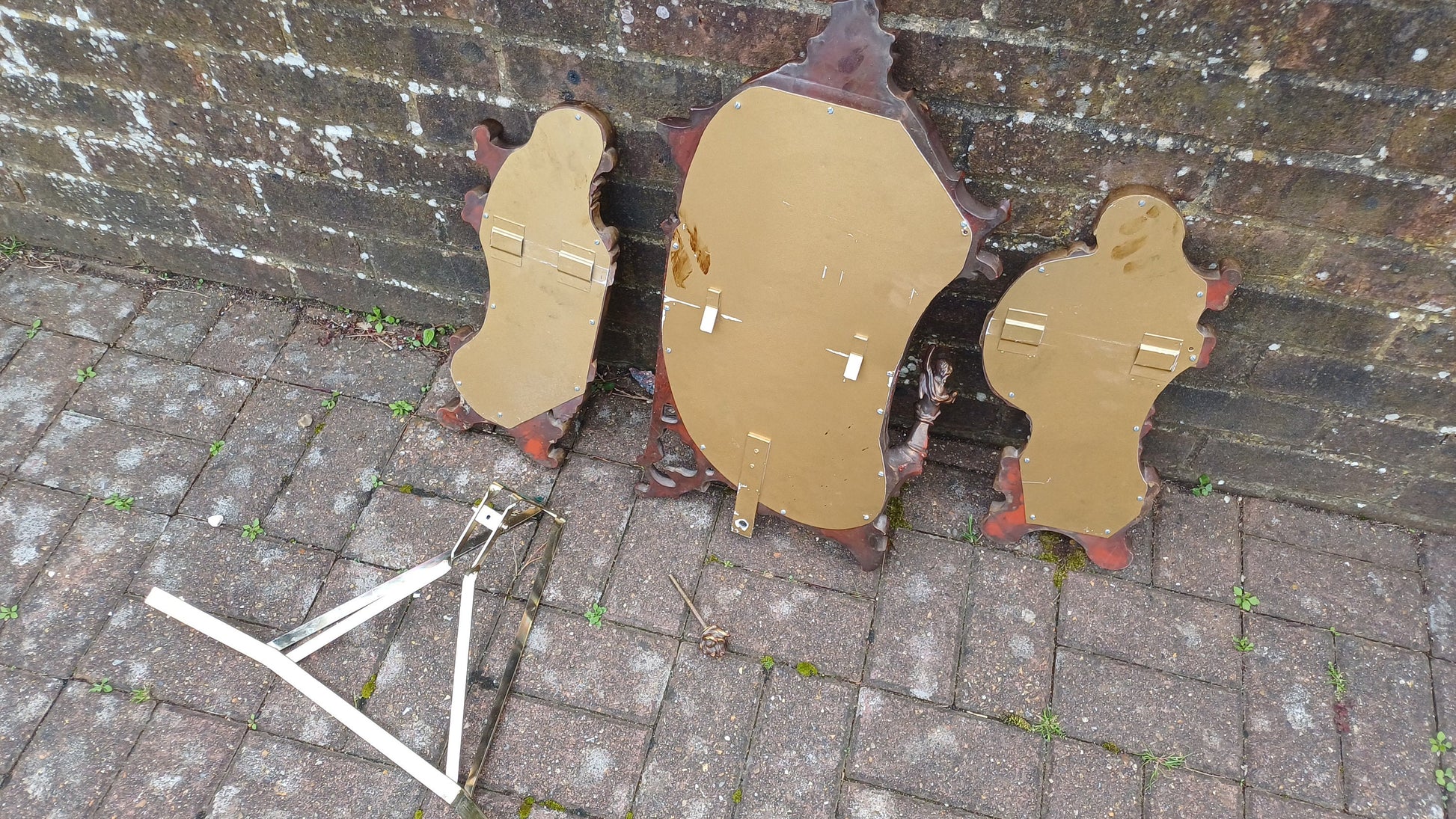 Vintage 80s Brass Metal Gold and Red Adjustable Dressing Table Triple Mirror