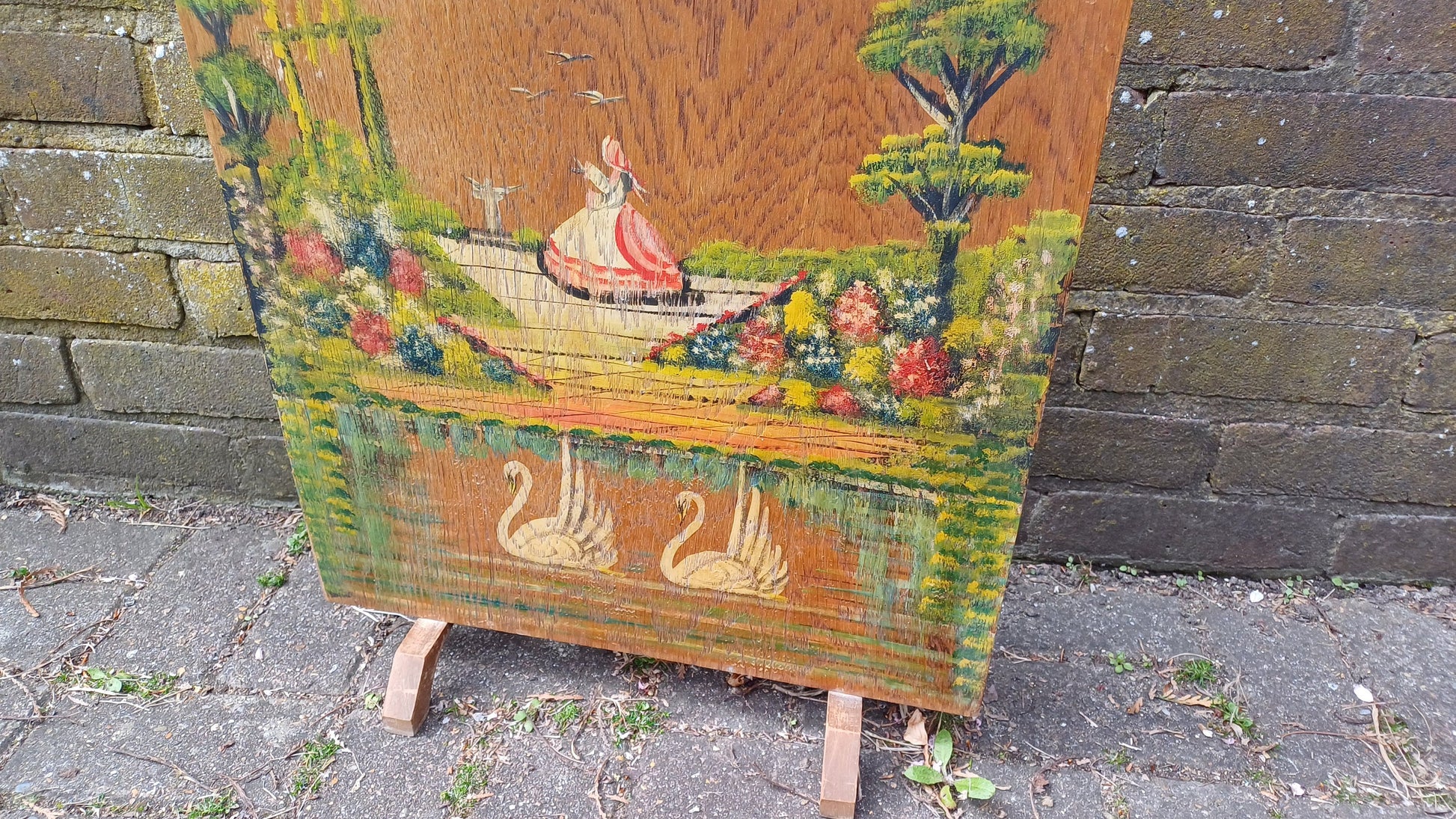 Sweet Vintage Retro 50s Crinoline Lady Swans Still Life Hand Painted Fire Screen Guard.