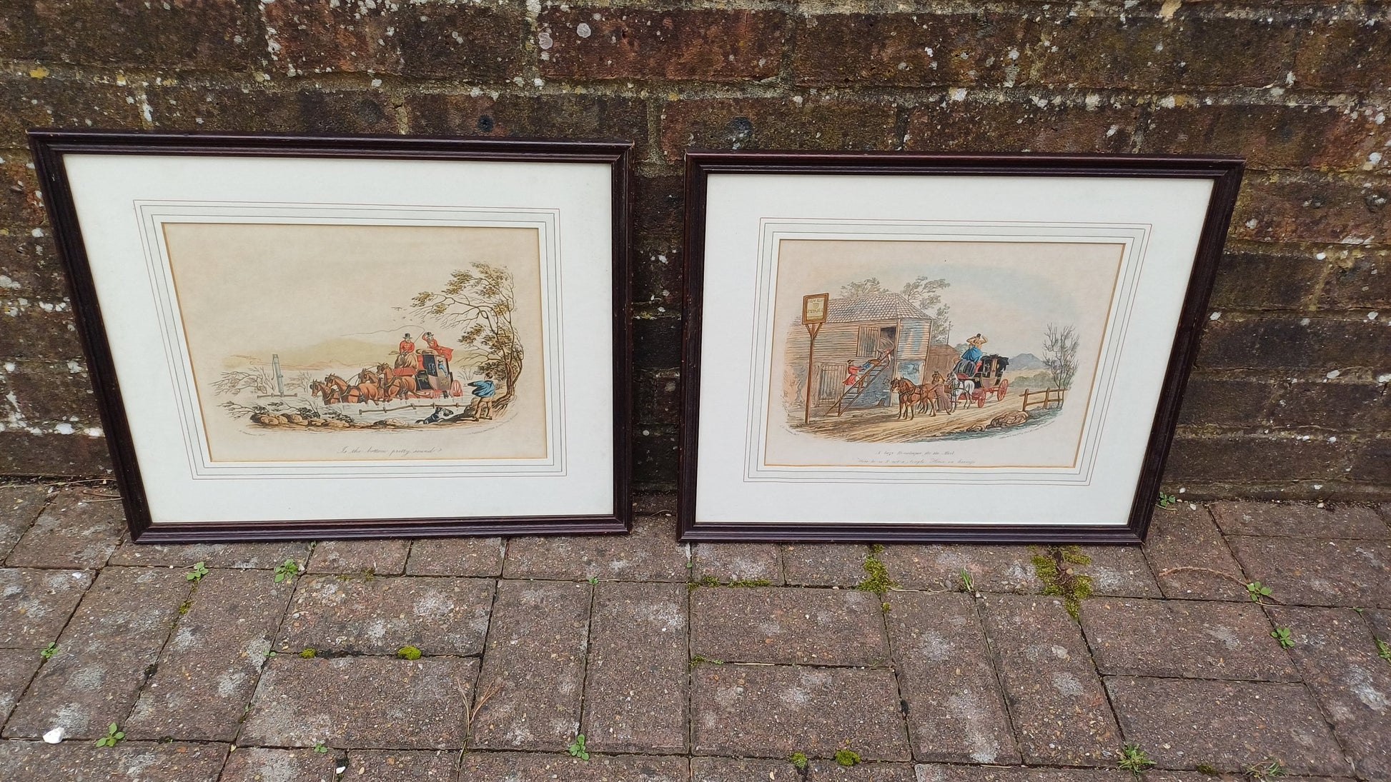 Lovely Pair of 60s 70s Vintage Cartoon Prints Stagecoach Horses Dickens Scenes CB Newhouse Wooden Frames Horse and Carriage.
