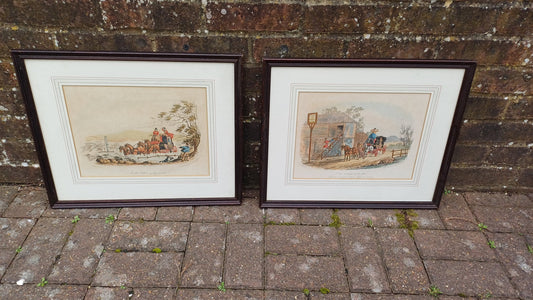Lovely Pair of 60s 70s Vintage Cartoon Prints Stagecoach Horses Dickens Scenes CB Newhouse Wooden Frames Horse and Carriage.