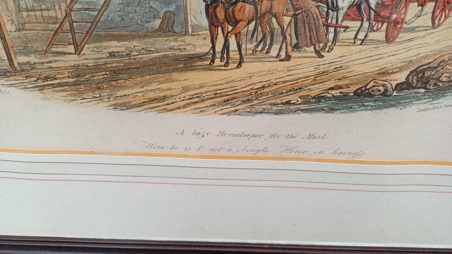Lovely Pair of 60s 70s Vintage Cartoon Prints Stagecoach Horses Dickens Scenes CB Newhouse Wooden Frames Horse and Carriage.