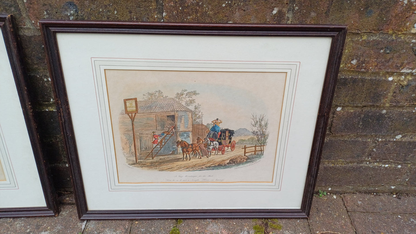 Lovely Pair of 60s 70s Vintage Cartoon Prints Stagecoach Horses Dickens Scenes CB Newhouse Wooden Frames Horse and Carriage.