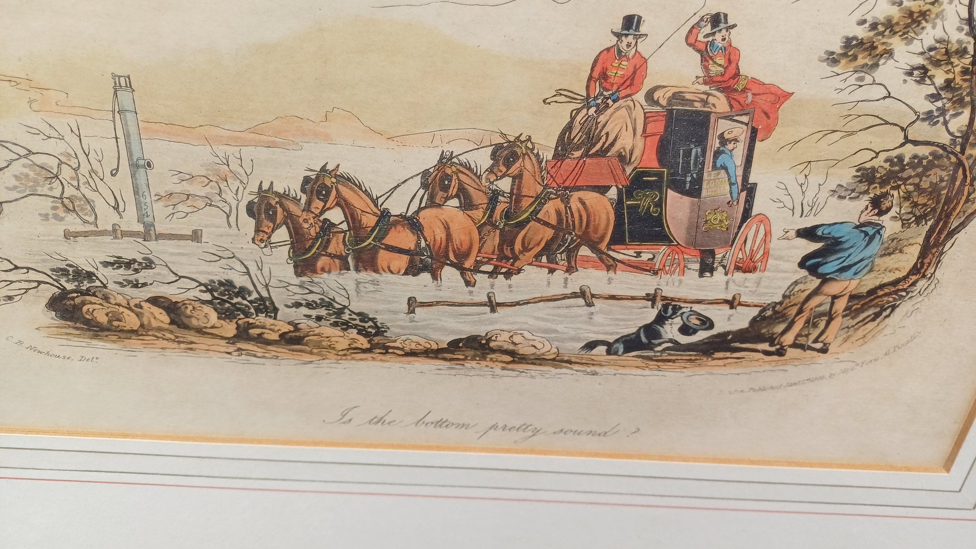 Lovely Pair of 60s 70s Vintage Cartoon Prints Stagecoach Horses Dickens Scenes CB Newhouse Wooden Frames Horse and Carriage.