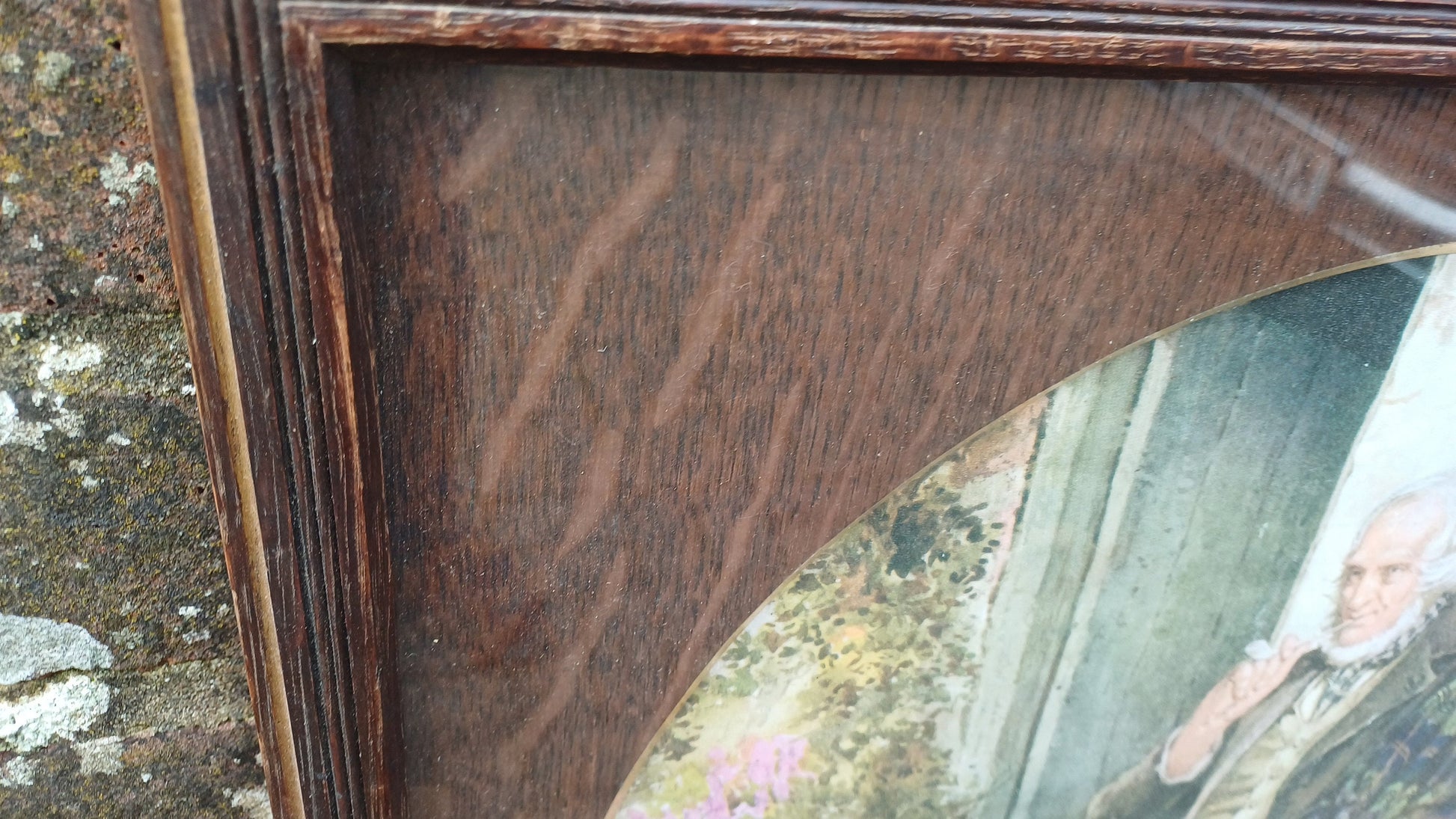 Large Stunning Circular Wood Mount Oak Picture Frame Gilt Edge Square Old Couple Vintage Colour Print British Artwork