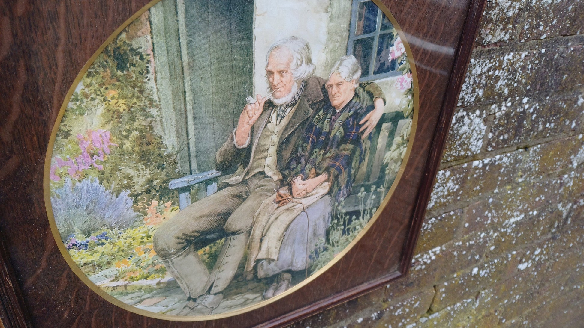 Large Stunning Circular Wood Mount Oak Picture Frame Gilt Edge Square Old Couple Vintage Colour Print British Artwork