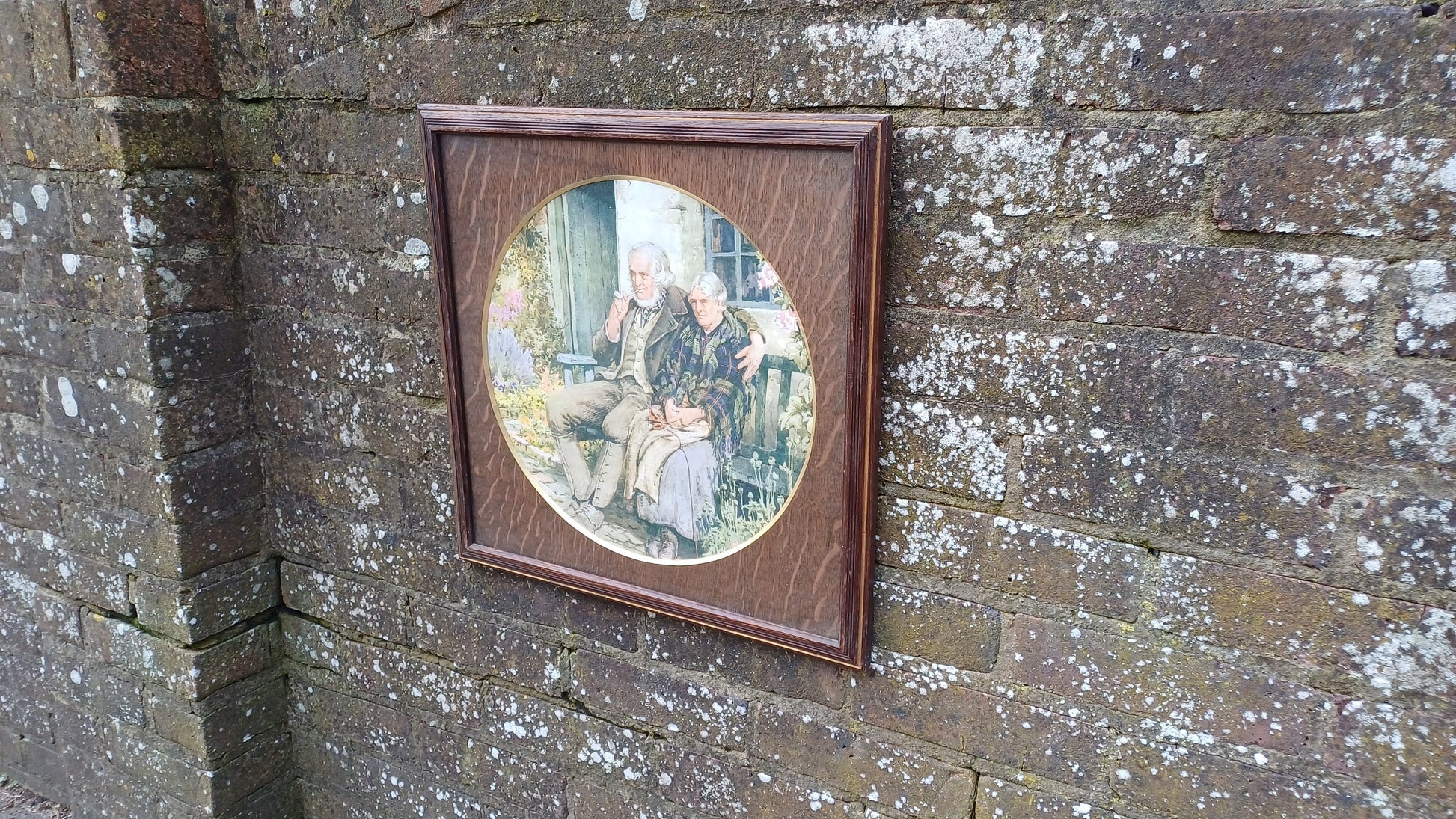 Large Stunning Circular Wood Mount Oak Picture Frame Gilt Edge Square Old Couple Vintage Colour Print British Artwork