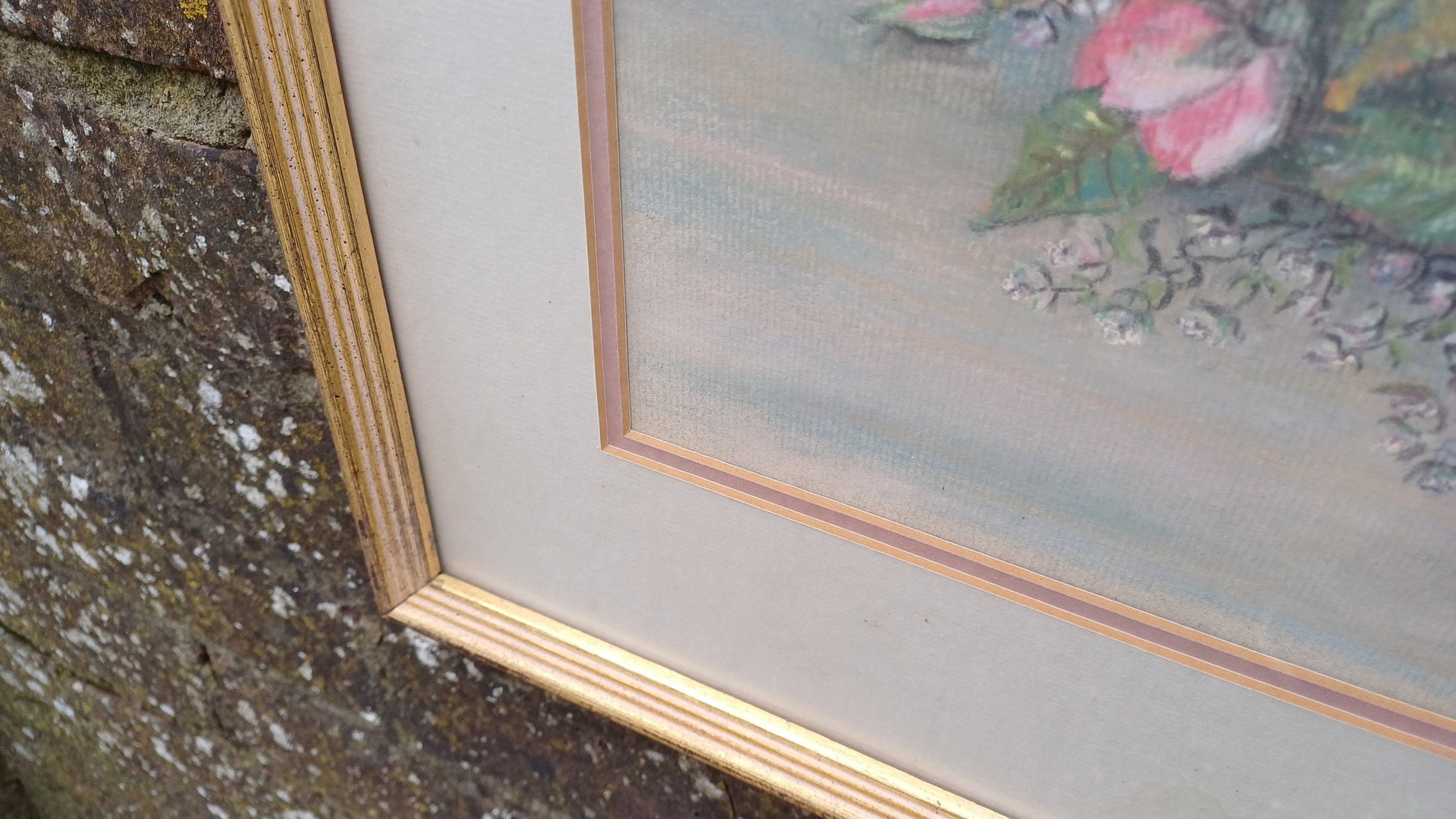 Beautiful Large Vintage 90s Original Still Life Pastel ‘Rose and Delphiniums’