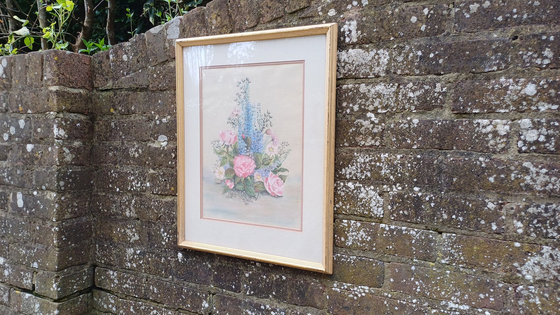 Beautiful Large Vintage 90s Original Still Life Pastel ‘Rose and Delphiniums’