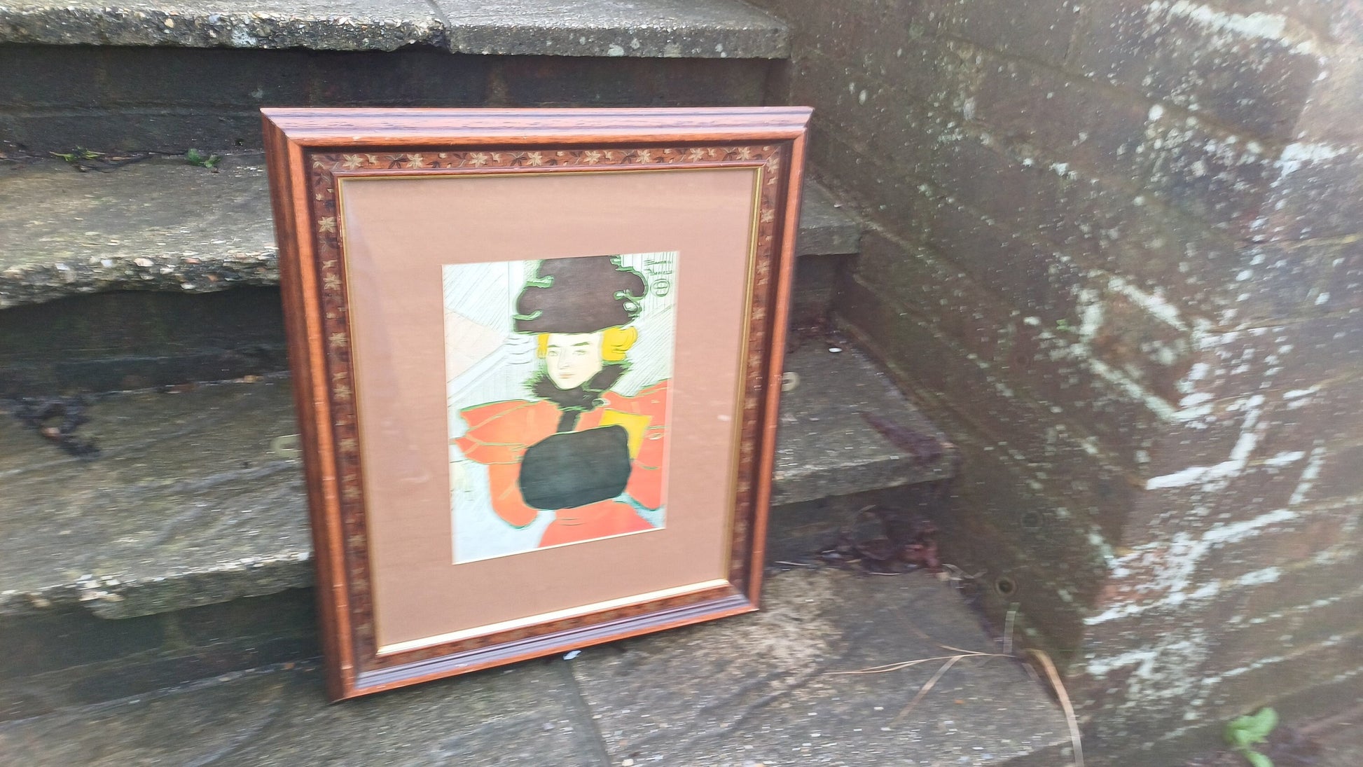 vintage print of woman in vintage wooden frame; edward penfield c 1910; christmas shopping