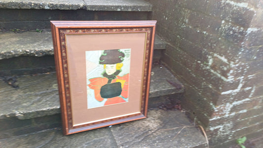 vintage print of woman in vintage wooden frame; edward penfield c 1910; christmas shopping