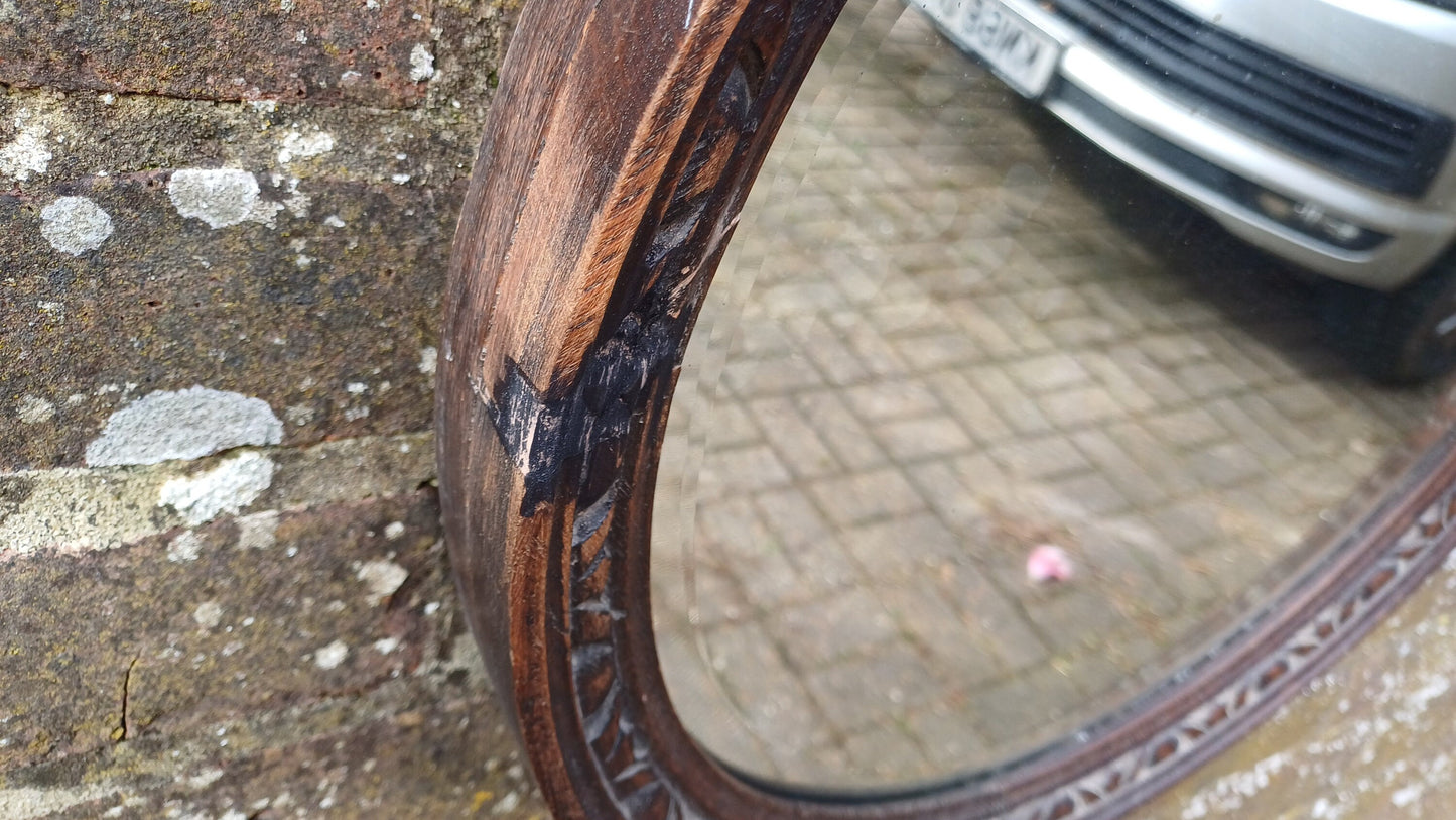 Very Vintage Round Carved Oak Wall Mirror. Age Worn.