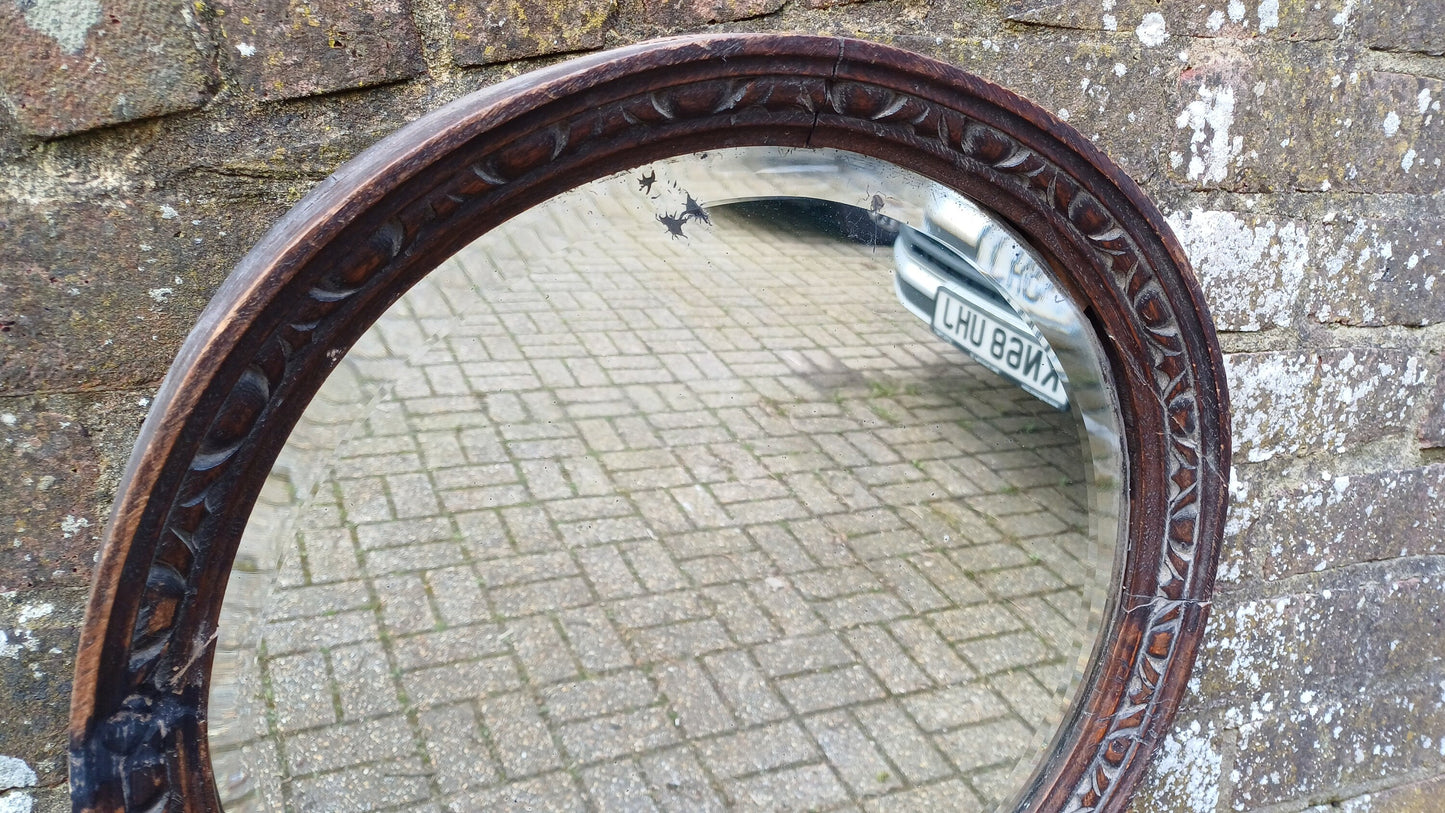 Very Vintage Round Carved Oak Wall Mirror. Age Worn.