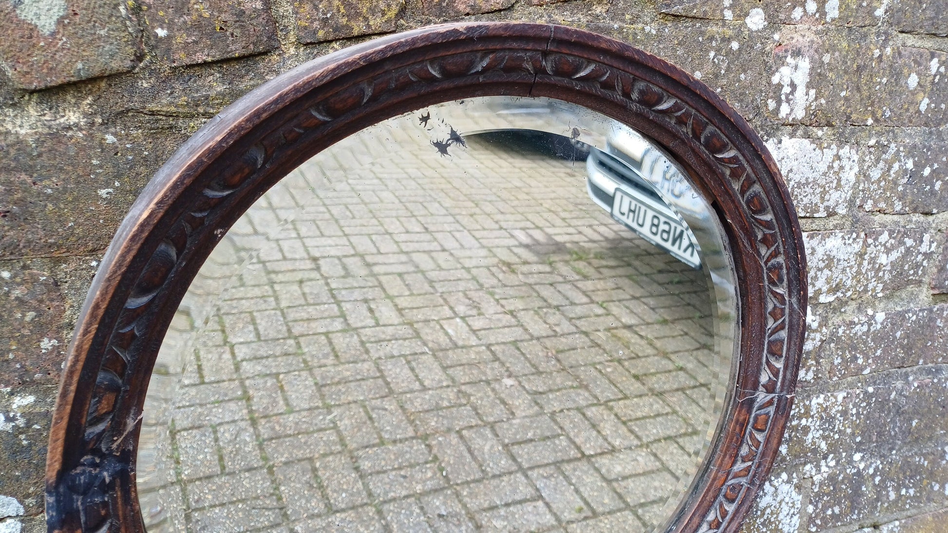 Very Vintage Round Carved Oak Wall Mirror. Age Worn.