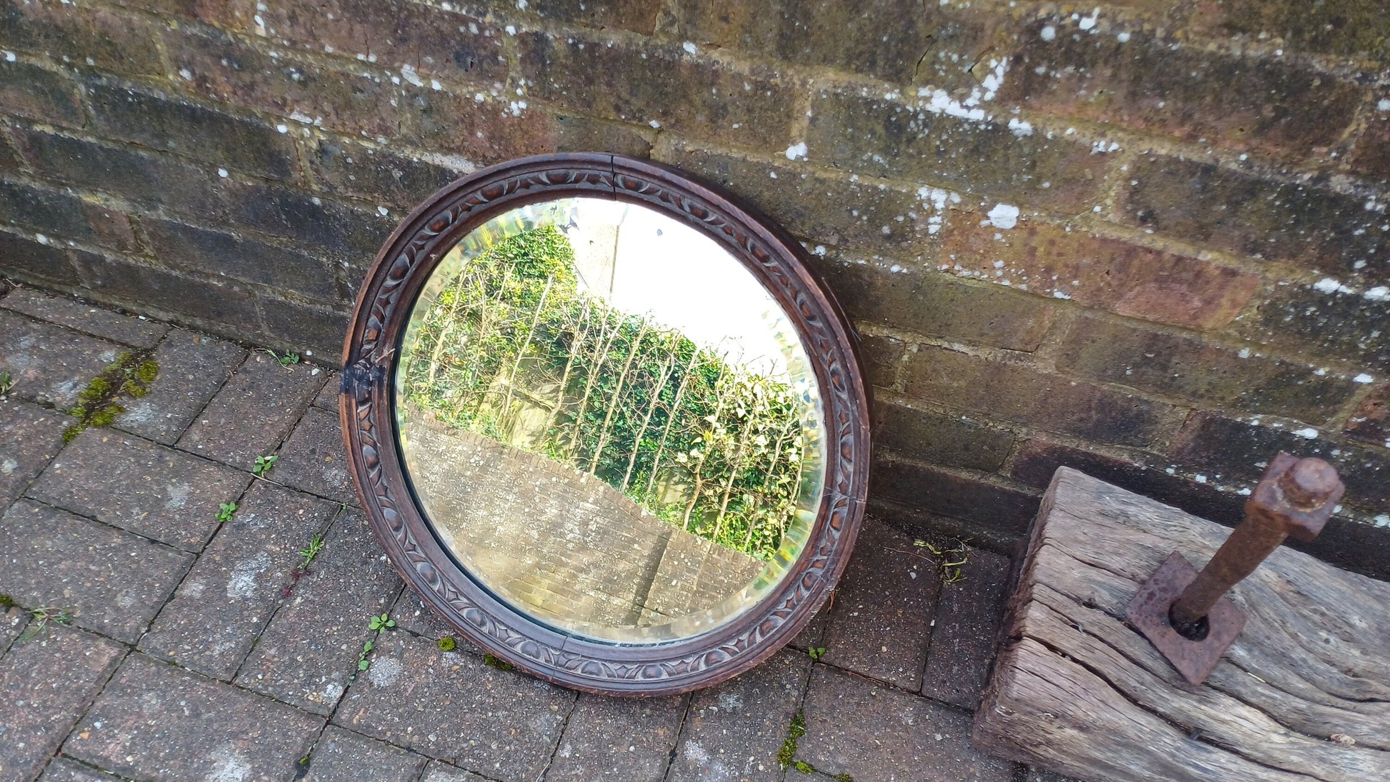 Very Vintage Round Carved Oak Wall Mirror. Age Worn.