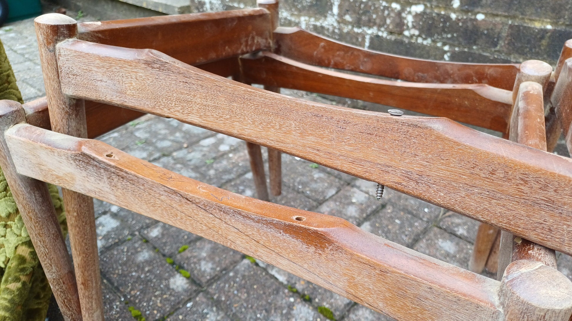 Pair of Quirky Vintage Retro Teak Chairs with Bold Upholstered Coverings Brocade Raised Motif