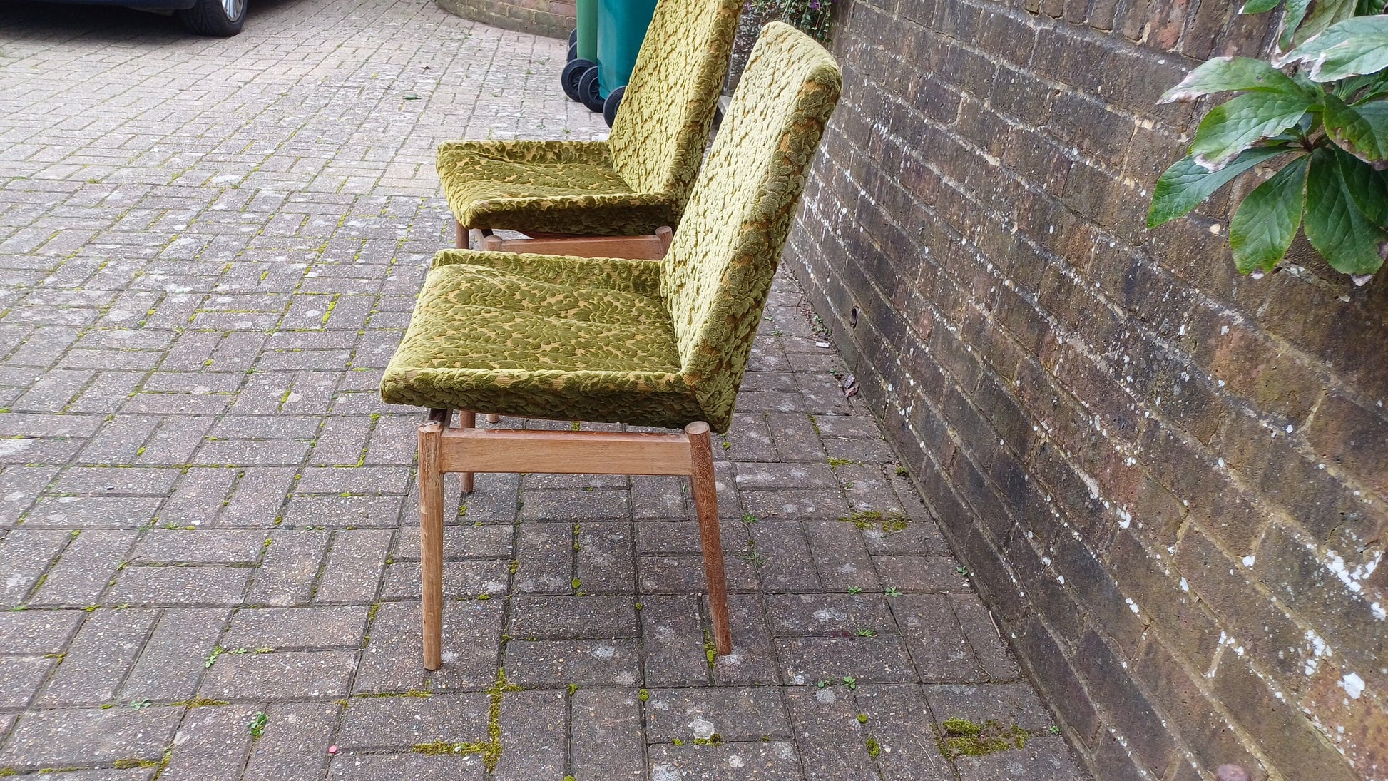 Pair of Quirky Vintage Retro Teak Chairs with Bold Upholstered Coverings Brocade Raised Motif