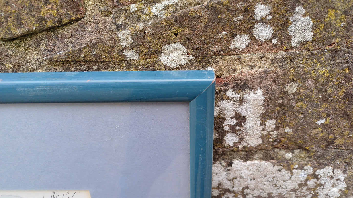 Original 1980s ink drawing and watercolour of Hvar, Croatia street scene - accomplished - framed in vintage blue wooden frame