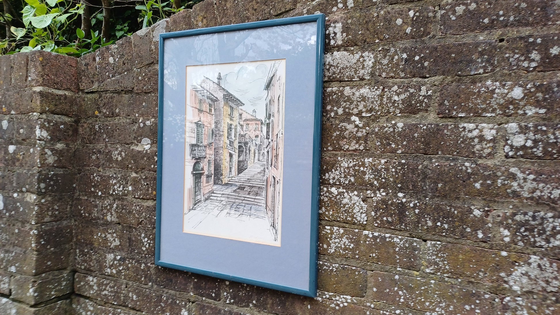 Original 1980s ink drawing and watercolour of Hvar, Croatia street scene - accomplished - framed in vintage blue wooden frame
