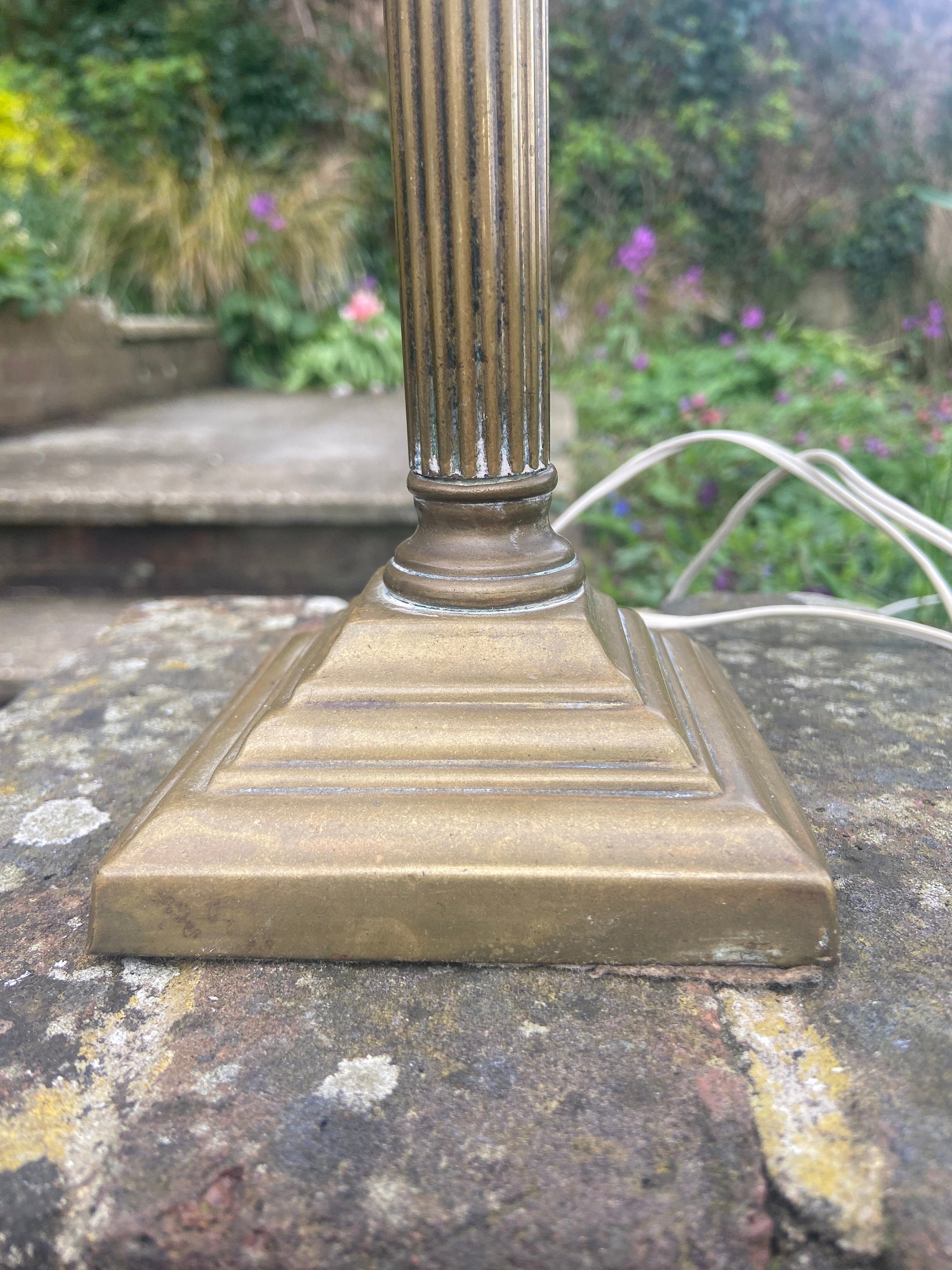 Gorgeous retro bronze vintage lamp, classical column style with retro gold and yellow shade - working retro table lamp