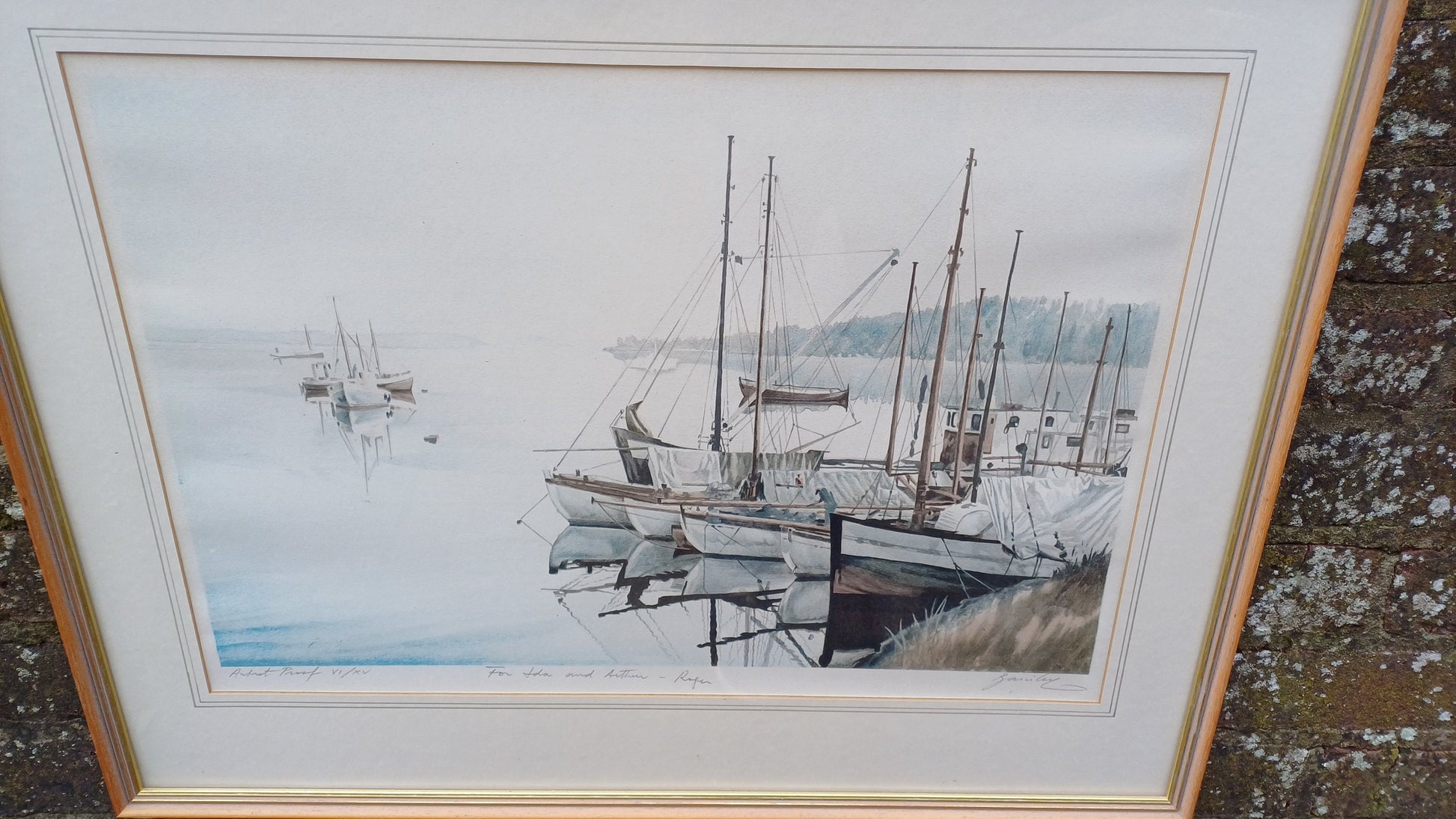 Calming vintage signed Artist Proof Print signed of Boats Yachts in a Harbour- lovely watercolour, this print is number VI/XV - large size